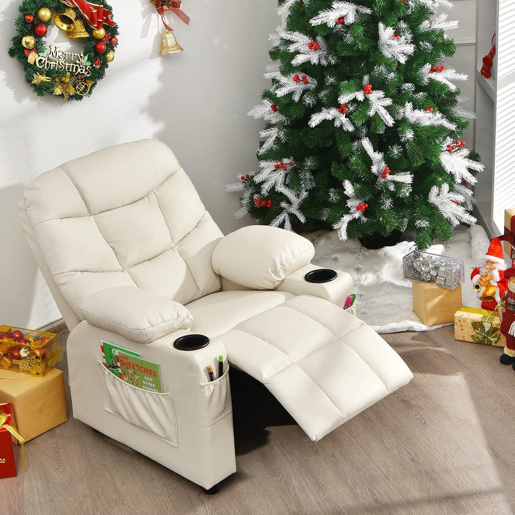 MAT EXPERT Kids Recliner, Leather Adjustable Reading Gaming Chair w/ 2 Cup Holder, 3 Side Pocket Storage & Footrest, Kids Couch Toddler Lounge Chair for Boys Girls, Kids Room Playroom Nursery (Beige)