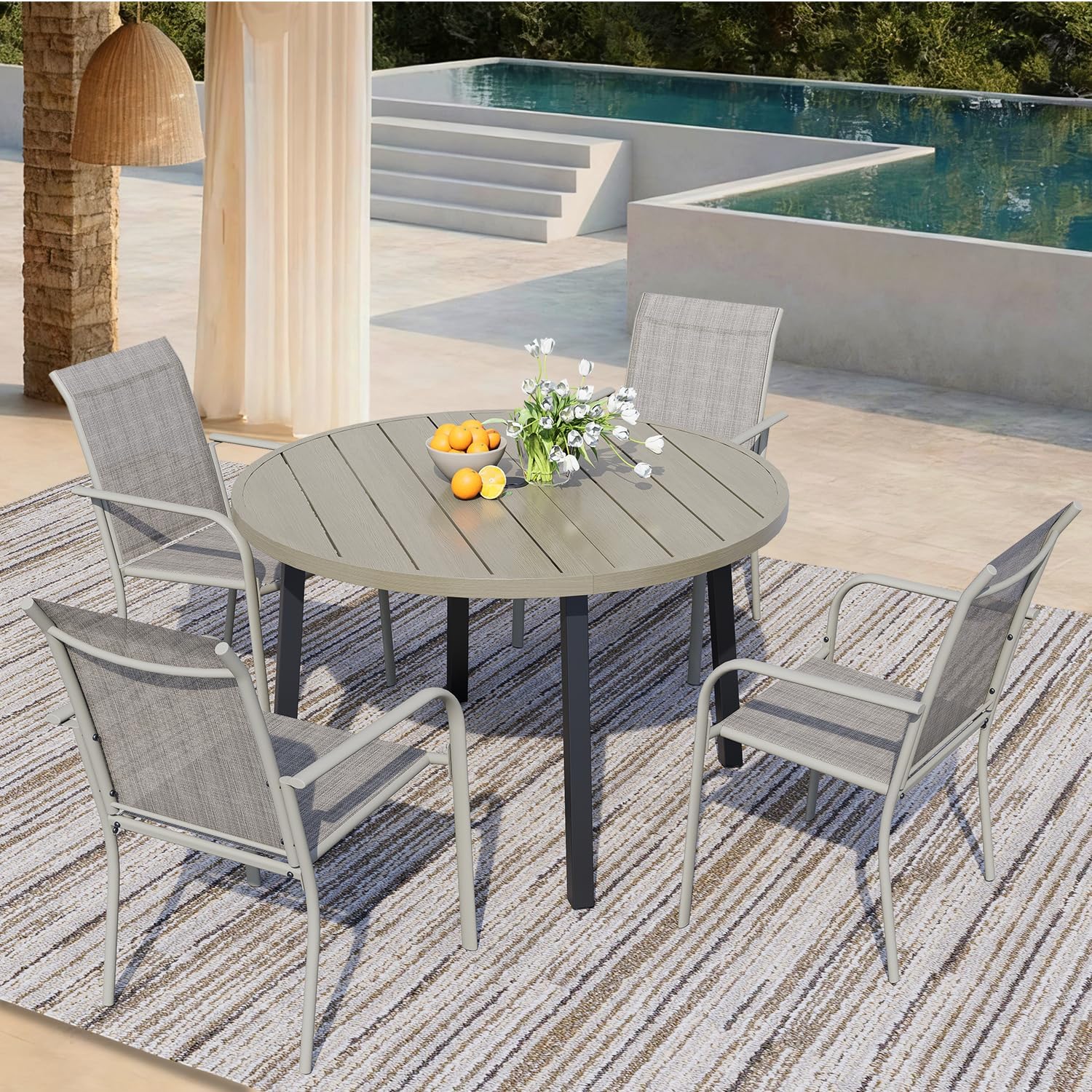 5 Pieces Patio Dining Set for 4, Grey Patio Stackable Chairs and Honey Oak Round Table Set of 4, Outdoor Furniture Set with Sling Support for Outside, Garden