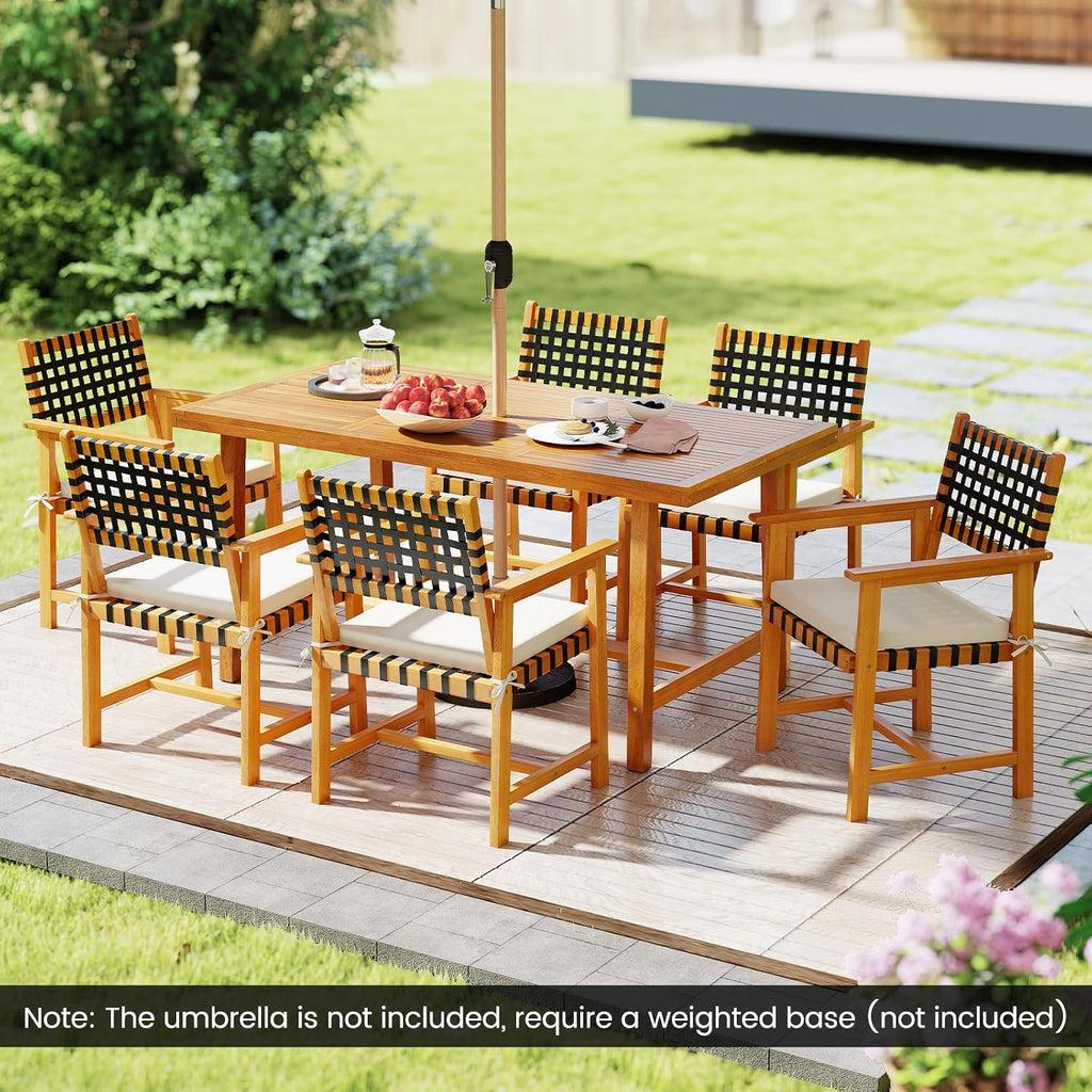 Tangkula 7 Piece Patio Dining Set for 6 People, 63' Outdoor Rectangular Acacia Wood Table with 1.97' Umbrella Hole & 6 Armchairs with Padded Seat Cushions, for Deck Yard and Poolside