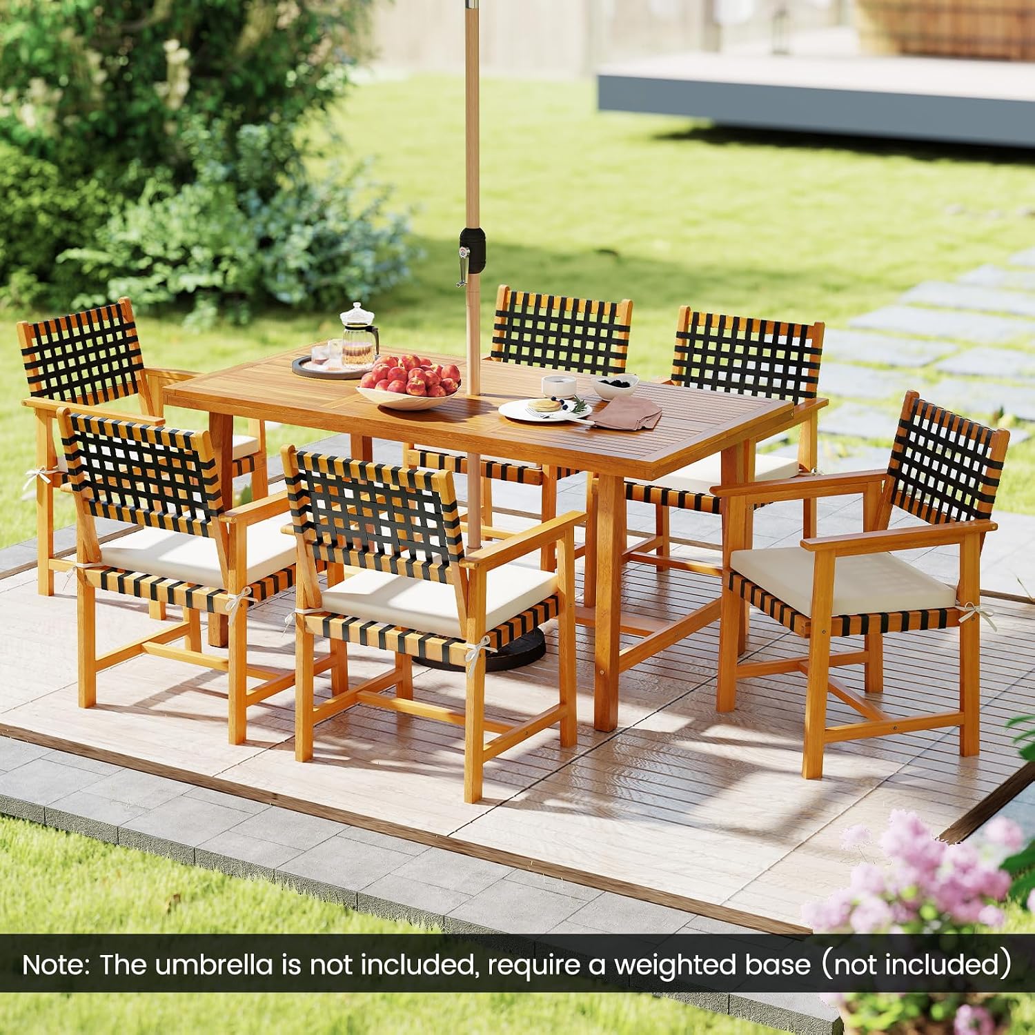 Tangkula 7 Piece Patio Dining Set for 6 People, 63' Outdoor Rectangular Acacia Wood Table with 1.97' Umbrella Hole & 6 Armchairs with Padded Seat Cushions, for Deck Yard and Poolside