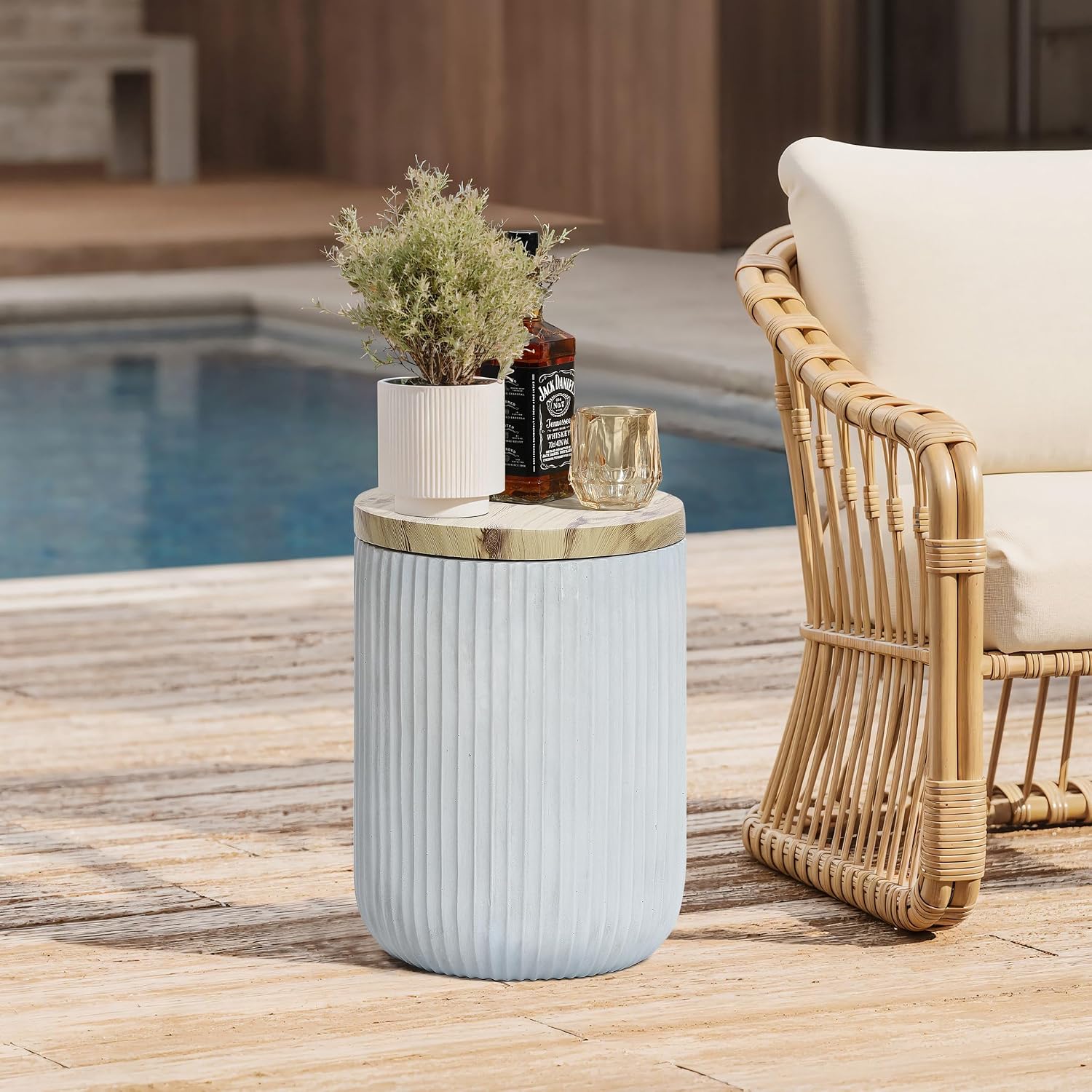 LuxenHome 18' Outdoor Side Table with Storage, Cement Patio End Table with Wood Finish Lid, Accent Table for Patio, Porch, Poolside, Backyard, Outside, Indoor, Garden Stool, Drum, Plant Stand