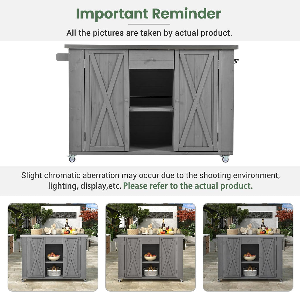 Merax XL Outdoor Table with Stainless Steel Top for Kitchen Prep and Storage Cabinet for Grilling Accessories, Outdoor Kitchen Island Grill Cart with Towel and Spice Racks & a Bottle Opener, Grey
