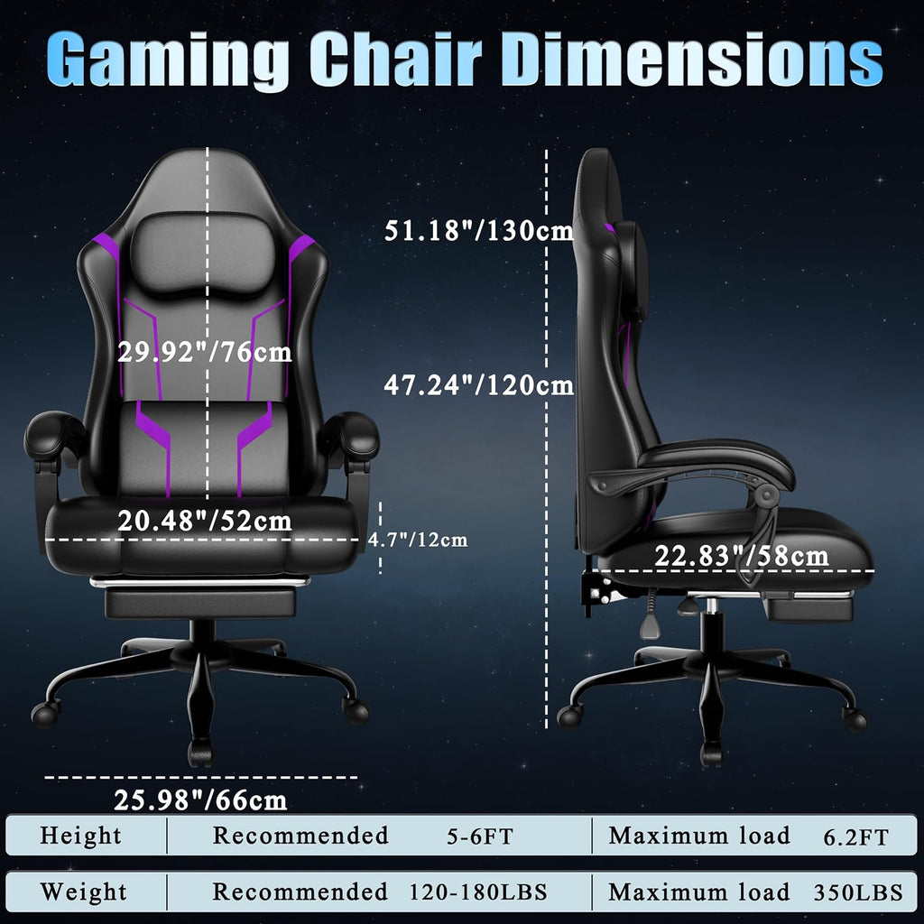 Ergonomic Gaming Chair, Video Game Chair with Pocket Spring Cushion and Footrest, Height Adjustable Computer Chair with Swivel Seat and Headrest (Purple)