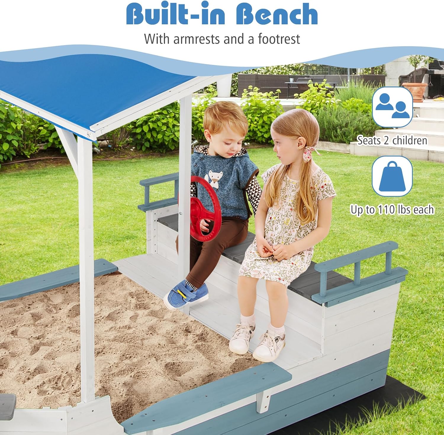 Costzon Pirate Ship Sandbox with Canopy, Fir Wood Boat Sand Box w/Flag, Rudder, Bench Seats and Storage Compartments for Backyard Beach, Outdoor Sand Pit for Kids 3-8 Years Old