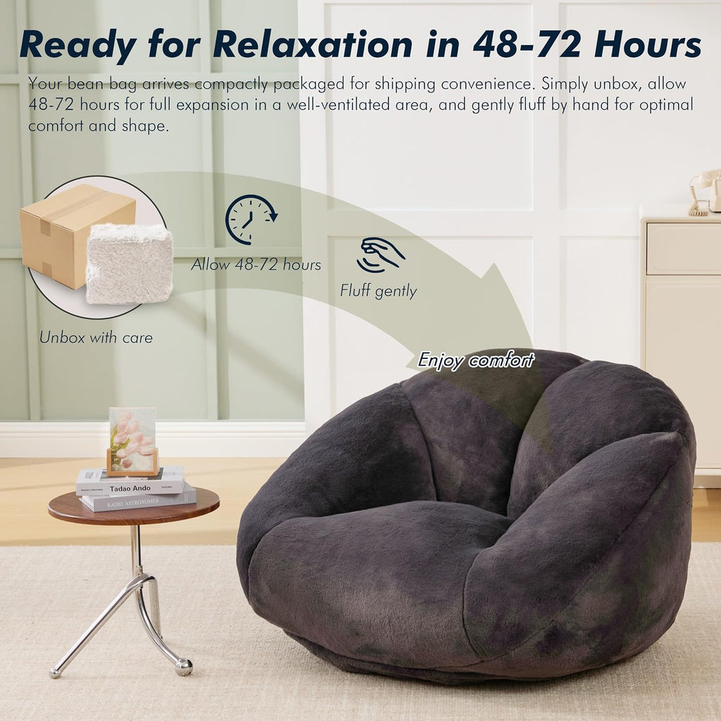 3.28 Feet Bean Bag Chair for Adults, Shell-Shaped Bean Bag Lazy Couch, Faux Fur Cloud Sofa Chair, Lounge Floor Sofa with Filler for Reading, Gaming & Watching, No Assembly Required (Black)