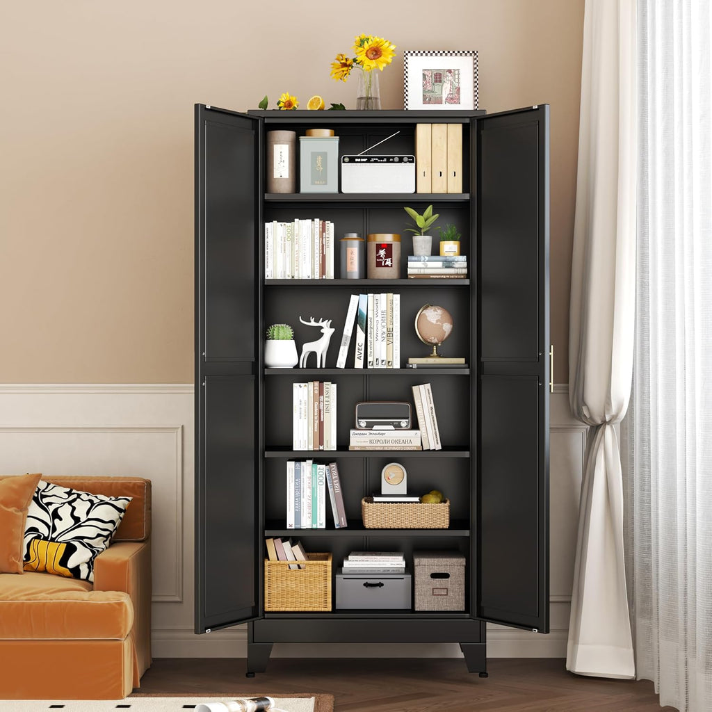 pozdeg 75' Tall Pantry Cabinet, Metal Kitchen Storage Cabinet with 2 Doors and 5 Adjustable Shelves, White Storage Cabinet Cupboard for Kitchen, Dining Room, Living Room and Bathroom (Black)