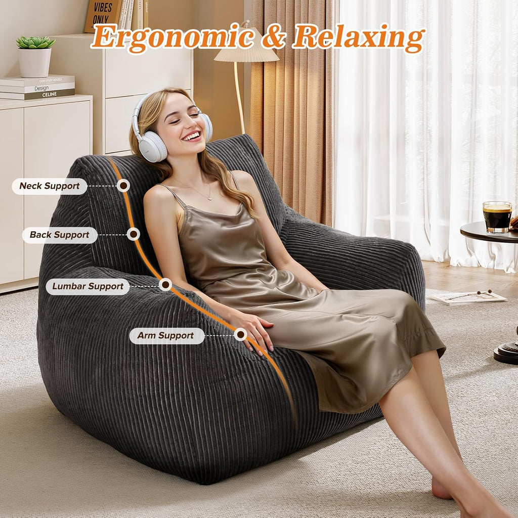 Big Bean Bag Chair for Adults, Ultra Soft Living Room Bean Bag with Armrests & Ottoman, Stuffed BeanBag Chair for Napping, Gaming, Vacuum-Compressed for Easy Gifting, 48h to Expand Dark Gray