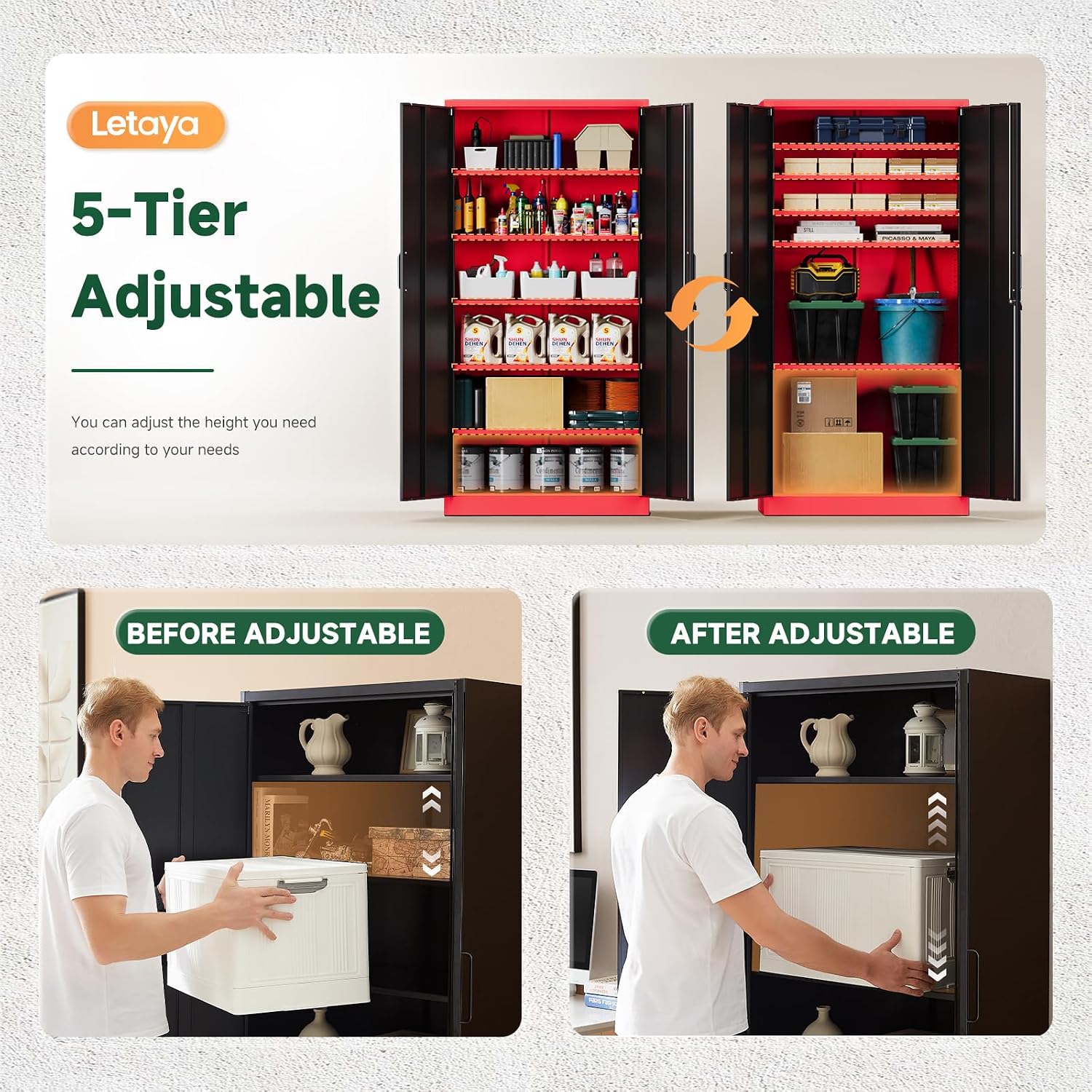 Letaya Metal Garage Storage Cabinets with Lock, 72' Tall Locker Organizer Steel Tool Cabinets,5 Adjustable Shelves 2 Doors for Home Office, Warehouse,Garage,Industrial,Employee (Black Red)