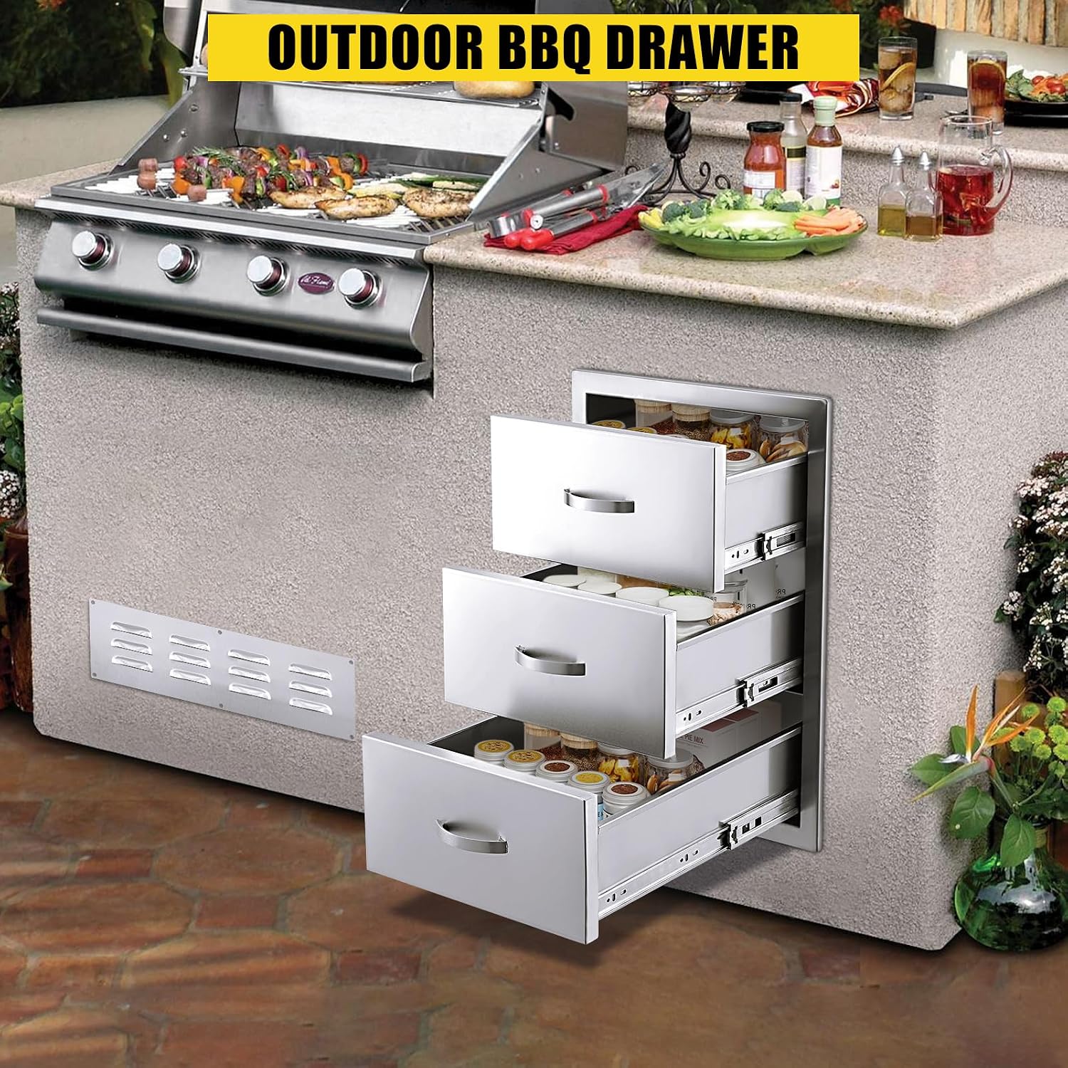 18W x 23D x 23H Inch Outdoor Kitchen Drawers Stainless Steel, Flush Mount Triple Drawers with Stainless Steel Handle, Venting Panel Weatherproof for Kitchen Island Patio, Grill Station