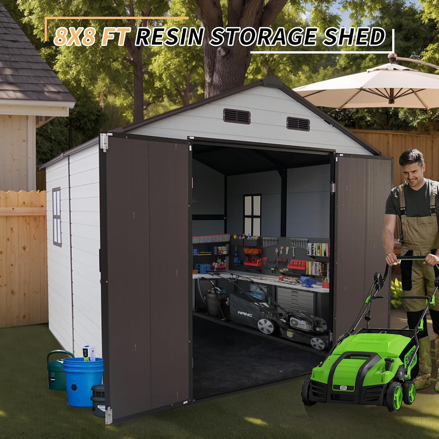 YOPTO 8x8x7.6FT Outdoor Resin Storage Shed with Windows and 4 Vents,Waterproof Strong Aluminum Frame w/Lockable Design & Door,Tool House for Storing Bicycles,Lawnmowers,Barbeques,White+Brown