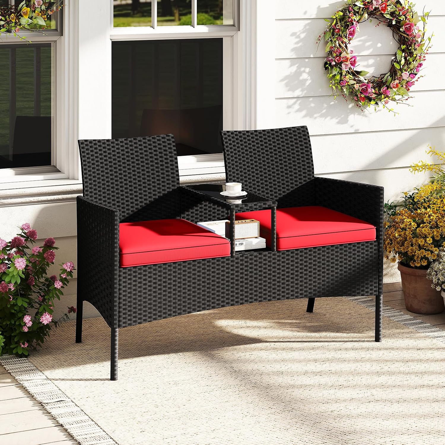 Tangkula Patio Loveseat with Built-in Table, Wicker 2-Seat Furniture with Soft Cushions & Tempered Glass Tabletop, Metal Frame Outdoor Conversation Seating Bench for Backyard, Porch