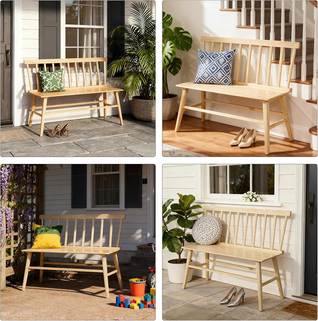 Dining Bench for Kitchen & Dining Room – Bamboo Wood Bench with Spindle Back & Armrests, Farmhouse Entryway Bench, Indoor Bedroom Bench, Versatile Entry Bench & Outdoor Bench Seating（Natural）