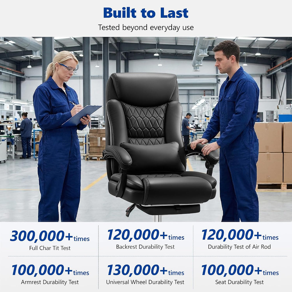 Big and Tall Office Chair 400lbs - Wide Memory Foam Seat with Spring Pack, Reclining Executive Desk Chair with Footrest, Ergonomic Heavy Duty High Back Computer Chair, Black