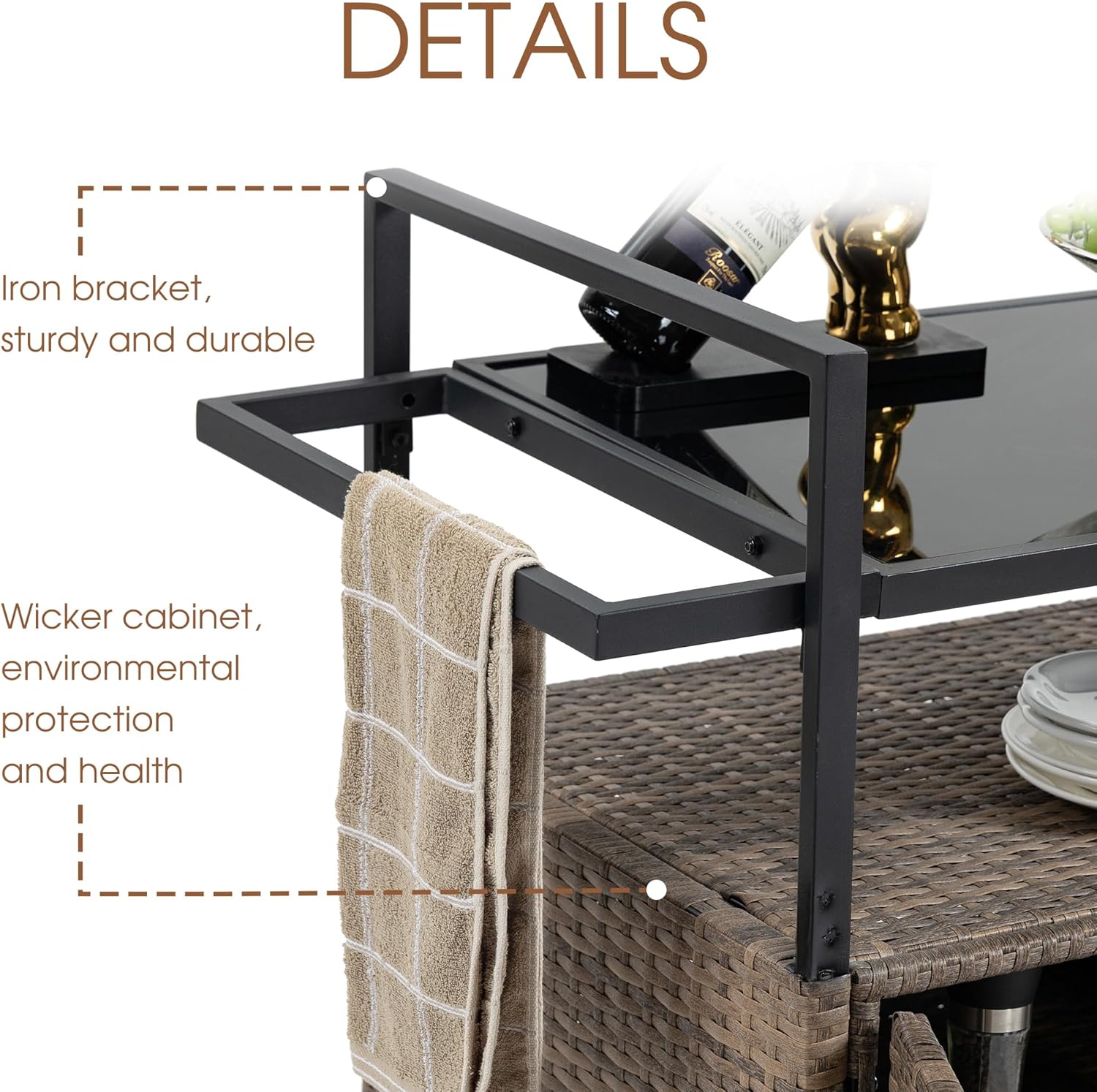 HOMEFUN Outdoor Bar Cart Table - Patio Console Storage Cabinet BBQ Grill Carts Buffet with Wheels Waterproof Wicker Serving Tables for Outside, Brown