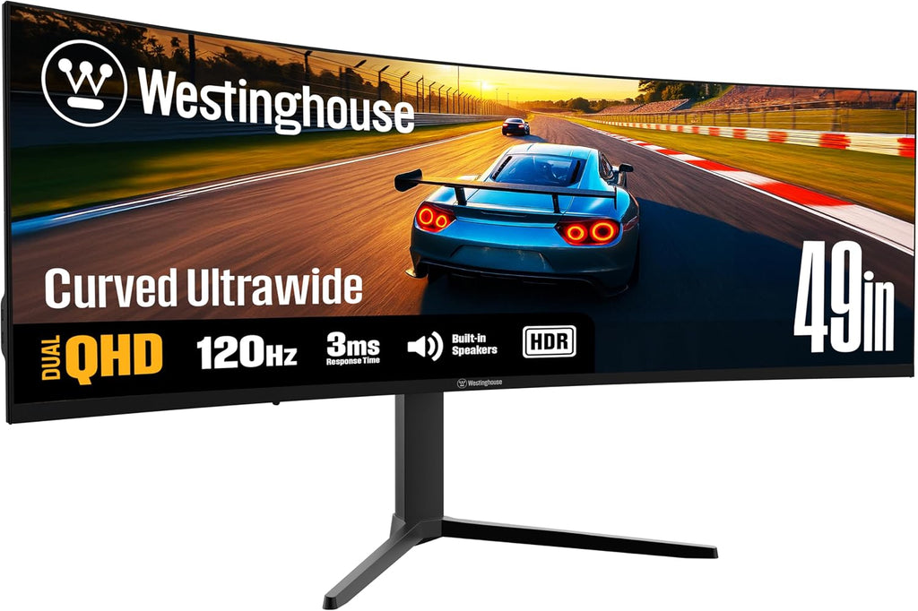 Westinghouse 49 Inch Curved Gaming Monitor, UWDQHD(5120 x 1440P), 3000:1 Contrast Ratio, 124% SRGB, 120Hz, 1800R, AMD FreeSync, Eyecare, Built-in Speakers, Tilt/Height/Swivel, HDMI, DisplayPort, USB-C