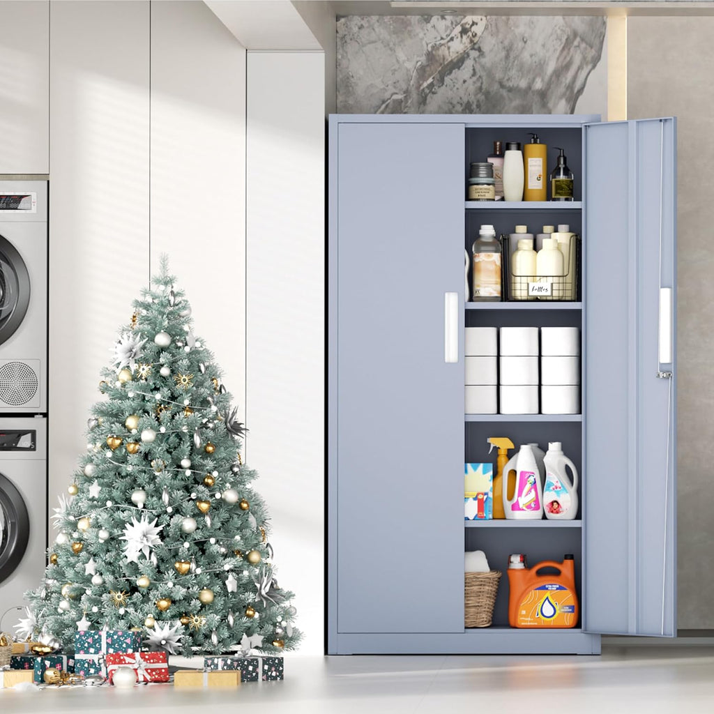 INTERGRAET 63' Pantry Cabinet, Kitchen Pantry Storage Cabinets with 2 Doors and 4 Shelves,Cement Gray Metal Storage Cabinet,Cupboard for Home,Kitchen,Living Room/Dining