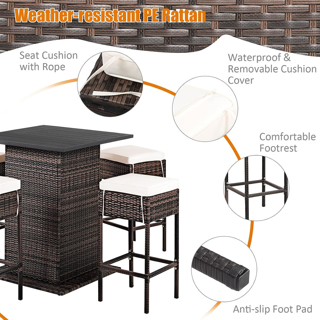 Tangkula 5 Piece Outdoor Rattan Bar Set, Patio Bar Furniture with 4 Cushions Stools and Smooth Top Table with Hidden Storage Shelf, Outdoor Conversation Set for Poolside, Backyard, Lawn