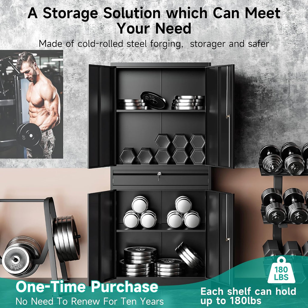 SISESOL Metal Garage Storage Cabinet with Drawer and Lock,Black Metal Storage Cabinet with Locking Doors and Adjustable Shelves,71' Tall Large Steel Tool Cabinets for Home,Office,Garage,Shop