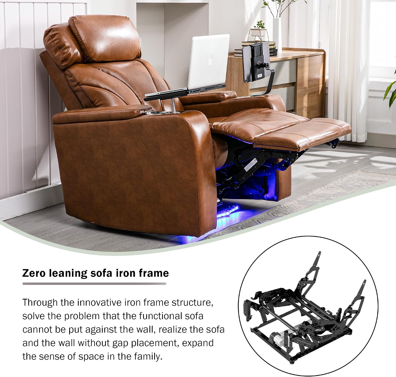 P PURLOVE Power Motion Recliner Chair for Home, PU Electric Recliner with Swivel Tray Table USB Charging Port and Hidden Arm Storage, Home Theater Seating with Cup Holder Design, Light Brown
