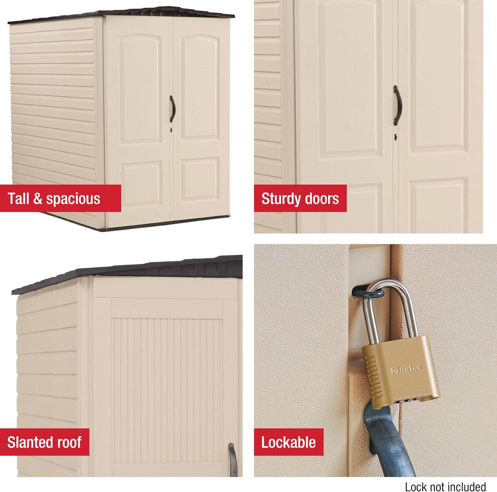 Rubbermaid Large Vertical Resin Outdoor Storage Shed With Floor (6.2 x 4.6 Ft), Weather Resistant, Beige/Brown, Organization for Home/Backyard/Garden Tools/Lawn Mower/Bike Storage/Pool Supplies