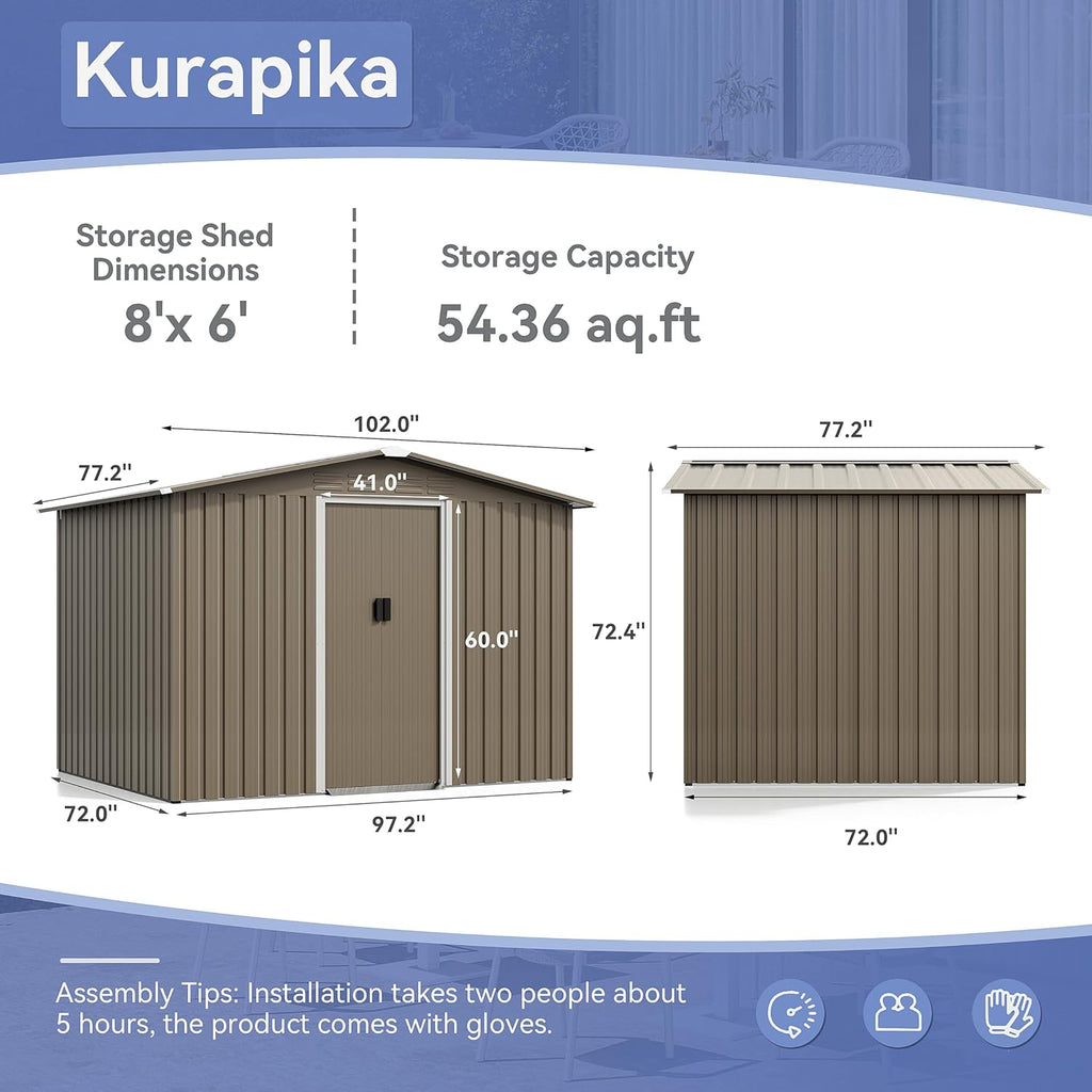 Kurapika 8 x 6FT Outdoor Storage Shed Waterproof, Large Garden Tool House with Air Vents and Lockable Sliding Door, Metal Shed for Garden, Patio, Backyard, Lawn