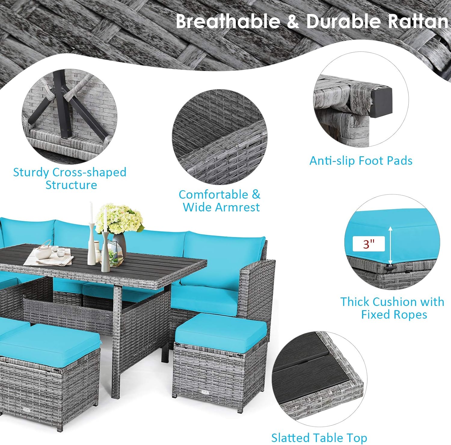 Tangkula 7 Pieces Patio Furniture Set, Outdoor Sectional Rattan Dining Sofa Set with Cushions, All Weather Wicker Conversation Couch Set with Dining Table & Ottomans for Yard Garden Poolside