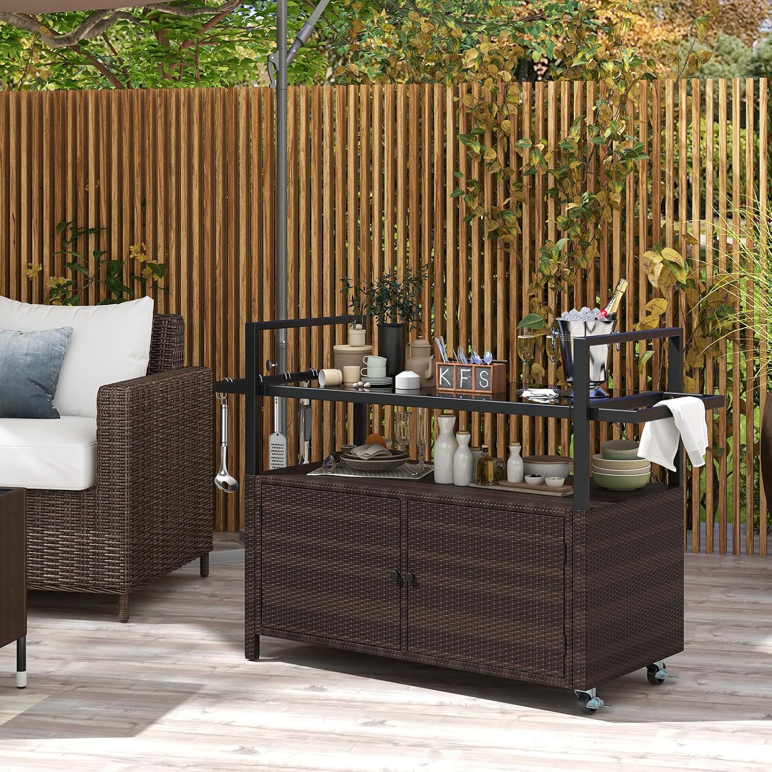 Tangkula Outdoor Bar Cart, Patiojoy Rolling Wicker Buffet Serving Cart with Tempered Glass Top, Storage Cabinet & 8 Hooks, Kitchen Island Cart on Wheels for Porch Backyard Garden Poolside (Mix Brown)
