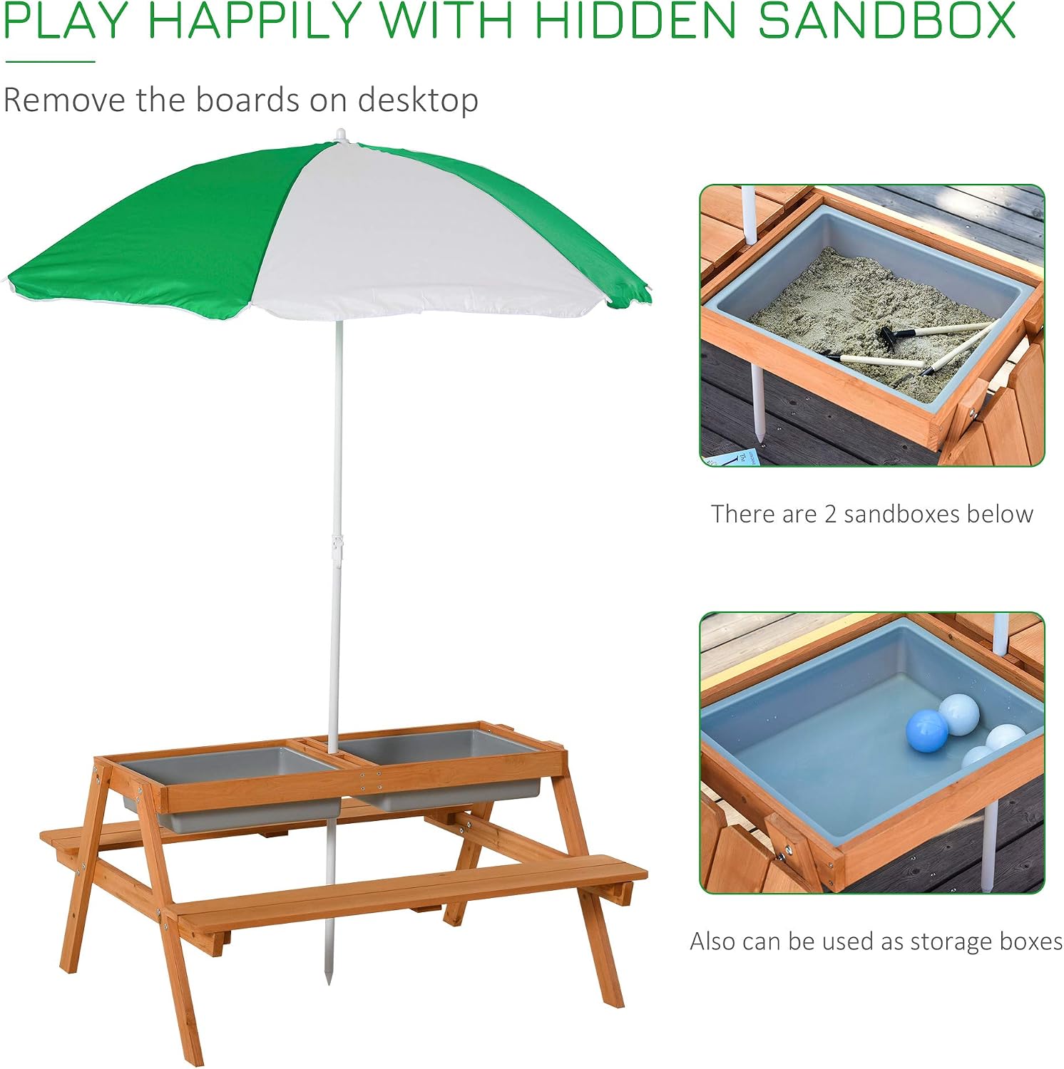 Outsunny Kids 3 in 1 Sand and Water Table, Wooden Outdoor Convertible Picnic Table with Umbrella and Storage Inside, Bench Backyard Furniture for Garden, Patio, or Balcony