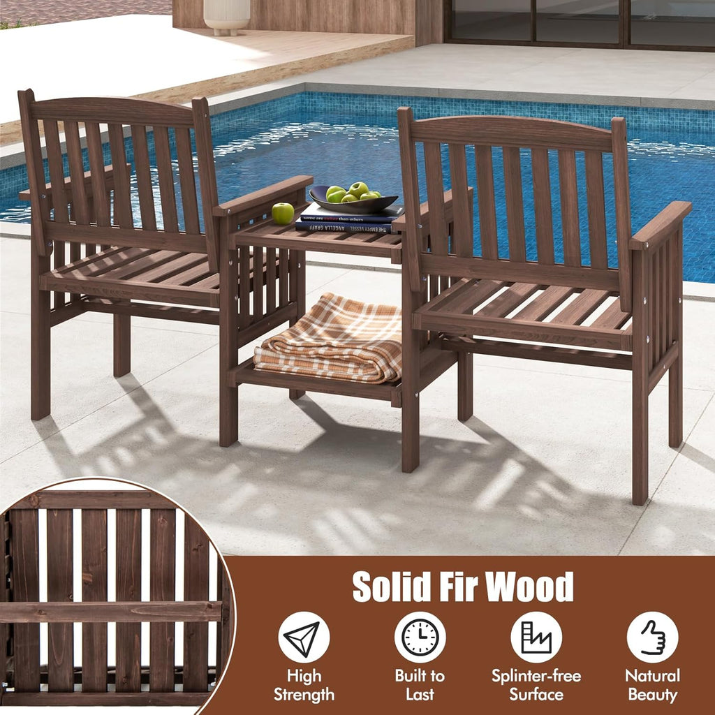 Tangkula Outdoor Fir Wood Loveseat with 2-Tier Side Table and Umbrella Hole, 2-Seater Patio Garden Bench with Armrests and Slatted Seats, Outdoor Table and Chairs Set for Porch and Balcony