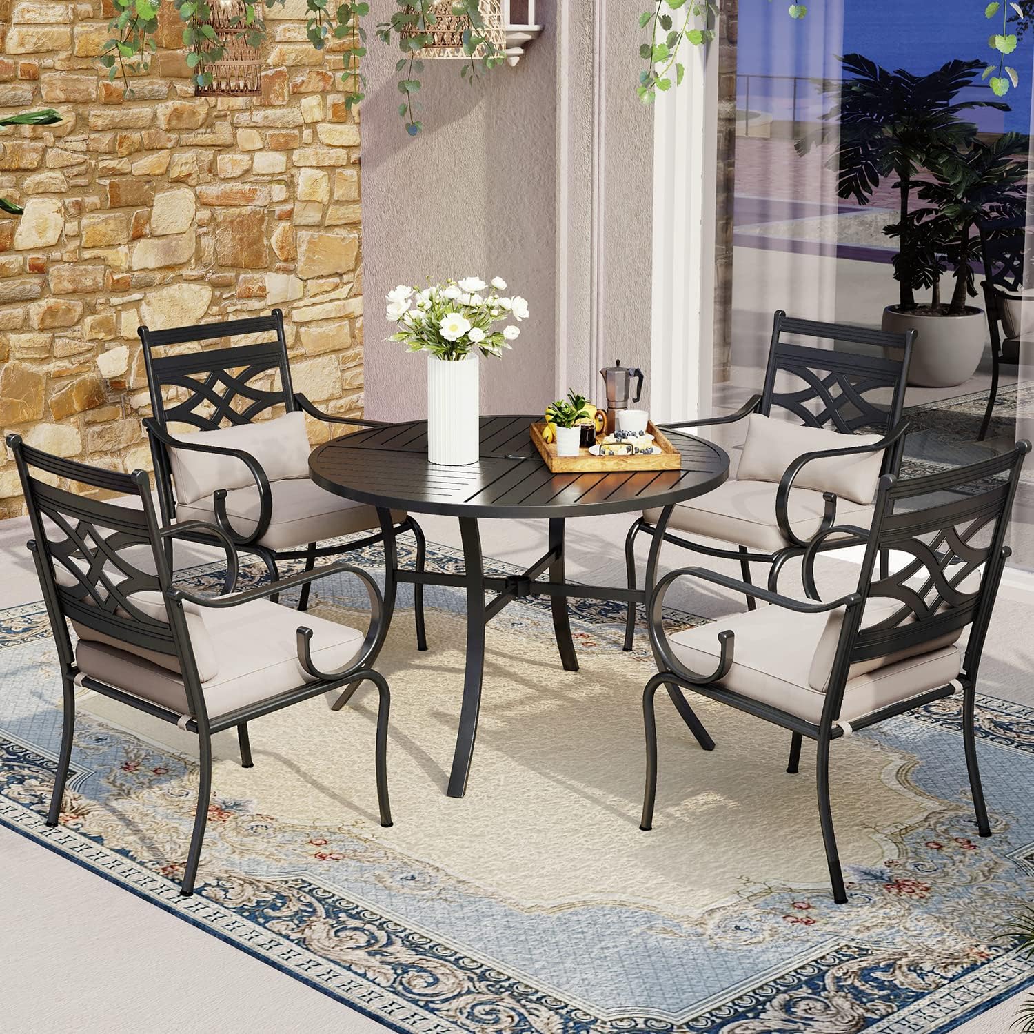 MFSTUDIO Patio Dining Sets for 4, Round Patio Table and Chairs Set with Umbrella Hole, 5 Piece Outdoor Dining Set for Deck, Poolside, Backyard, Garden