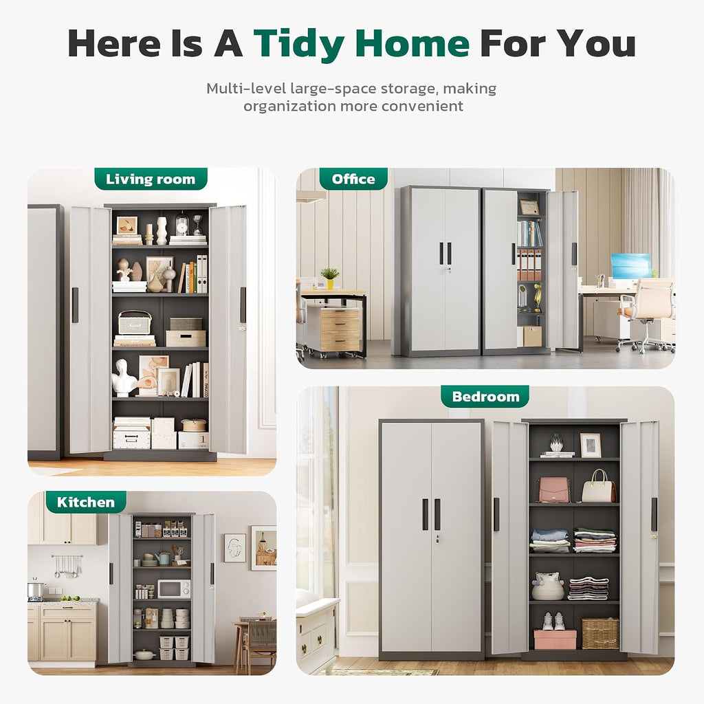 Greenvelly Metal Storage Cabinet, 63' H Locking Metal Storage Cabinet with Doors and 4 Shelves, Lockable Steel Cabinets for Kitchen, Bedroom, Living Room, Office (White Grey)