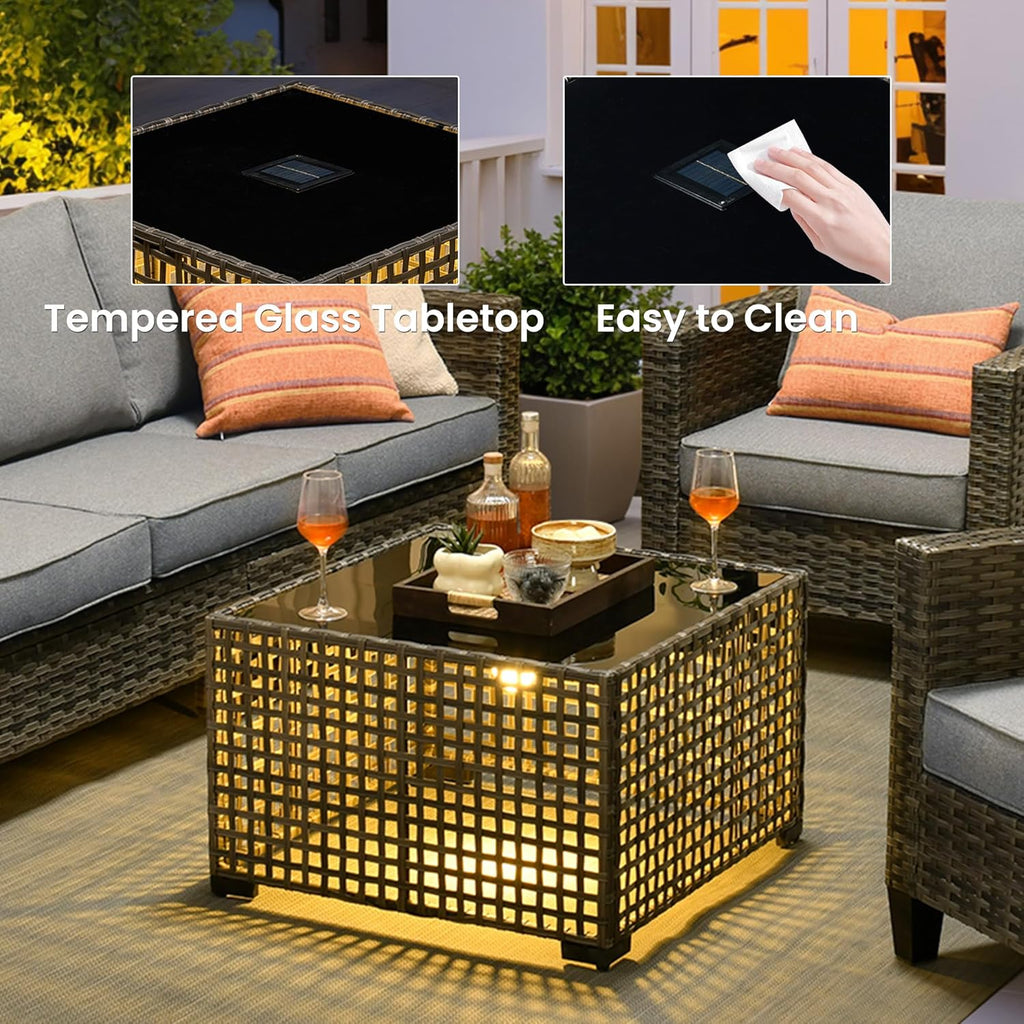 ovios Outdoor Side Table with Tempered Glass Top, Patio Wicker Rattan Solar Lights Tables for All-Weather Porch Deck Balcony Garden Poolside (Grey-Medium Size)