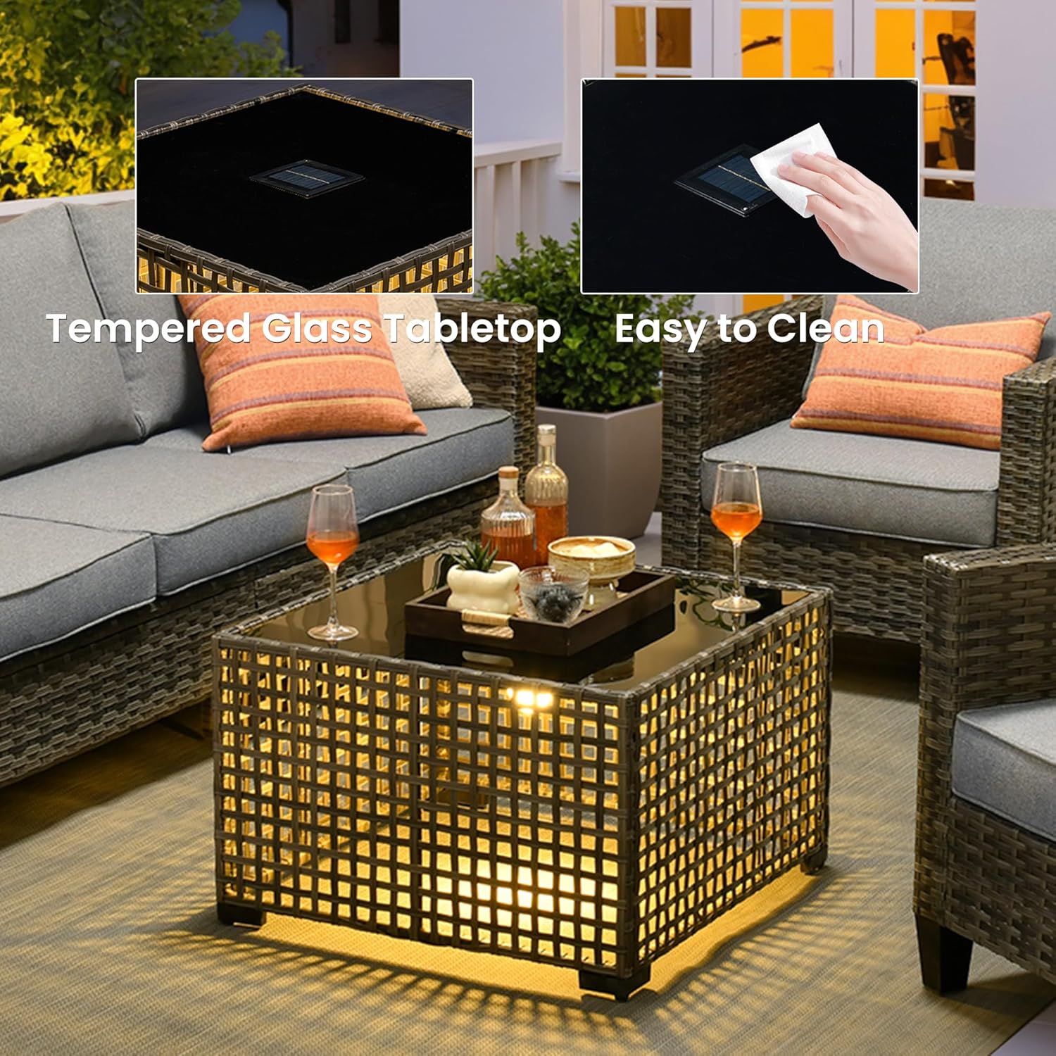 ovios Outdoor Side Table with Tempered Glass Top, Patio Wicker Rattan Solar Lights Tables for All-Weather Porch Deck Balcony Garden Poolside (Grey-Medium Size)