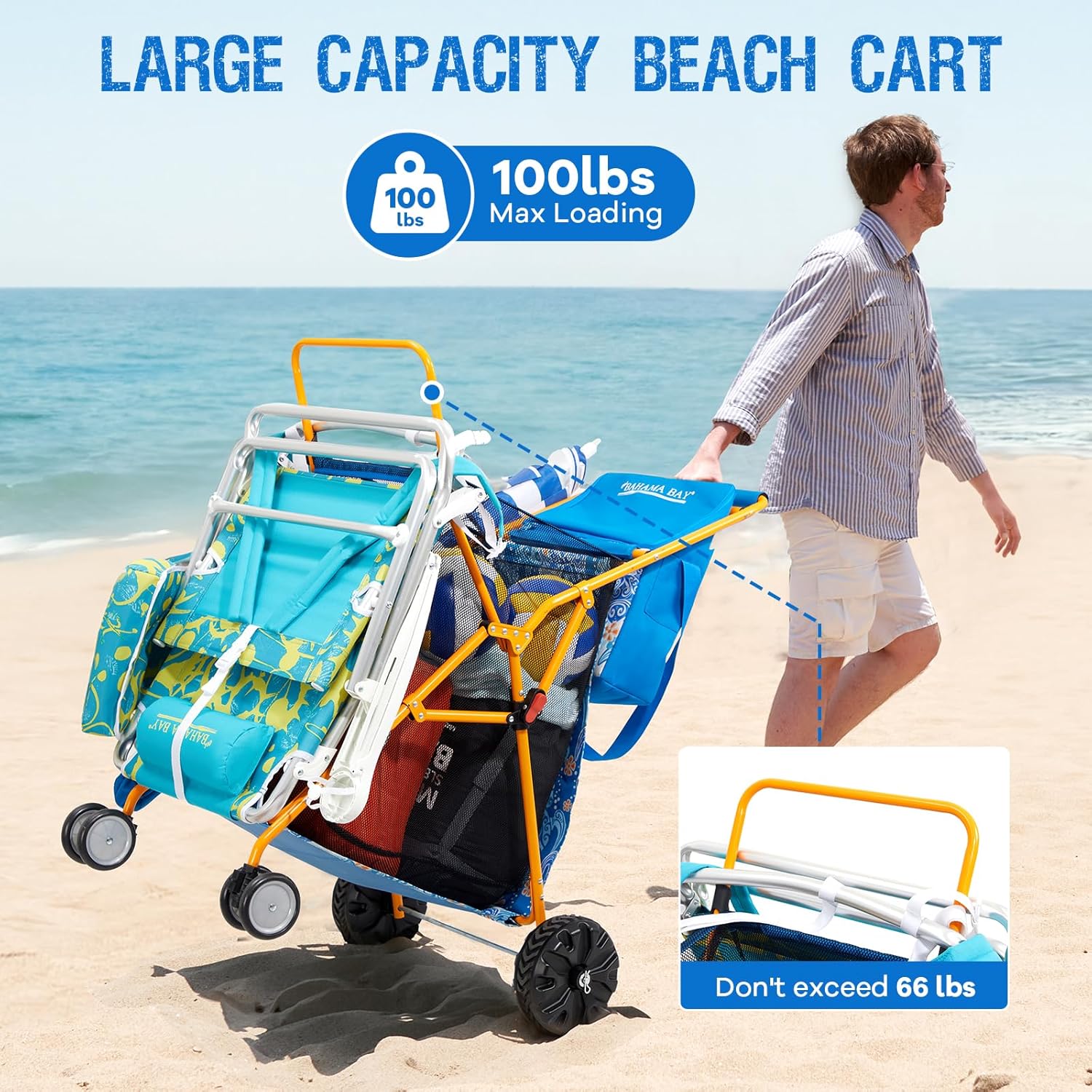 Old Bahama Bay Heavy-Duty Beach Cart with 100 lbs Capacity - Foldable Beach Wagon with Removable 20L Cooler Bag, Sand Chair Holder, Umbrella Stand & Large Mesh Basket for Beach, Camping, Picnic
