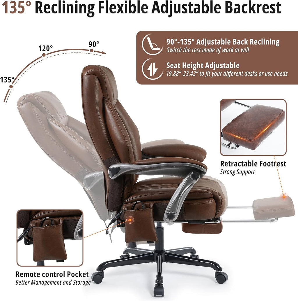 Massage Office Chair with Heat & Footrest, Ergonomic Reclining Executive Desk Chairs with 6-Point Vibration, PU Leather Computer Chair for Home Office or Gaming