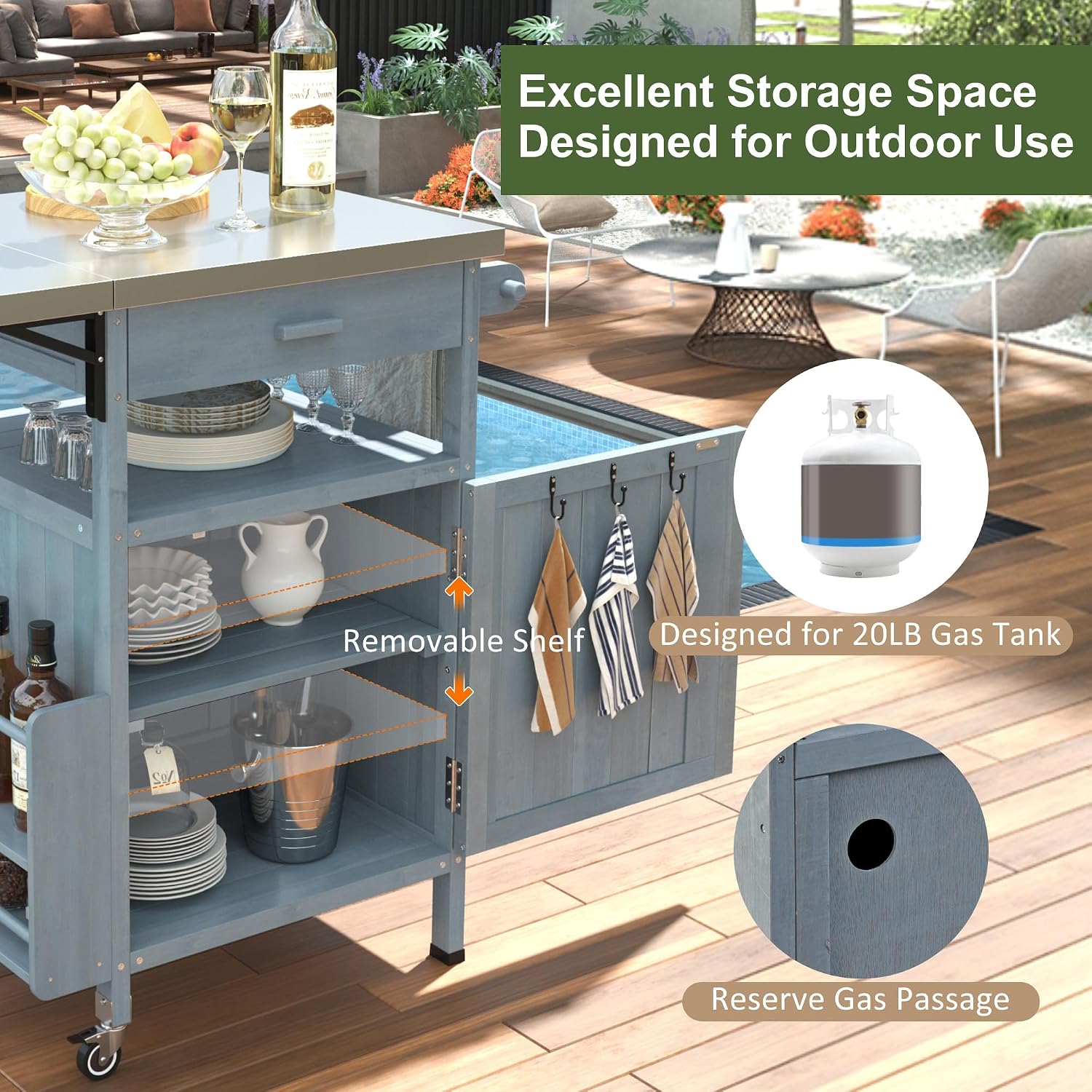 LUMISOL Outdoor Rolling Kitchen Island with Drop Leaf, 40.5' Solid Wood Outdoor Grill Table with Stainless Steel Top, Drawer and Towel Rack, Outdoor Storage Cabinet with Lockable Wheels, Blue Grey
