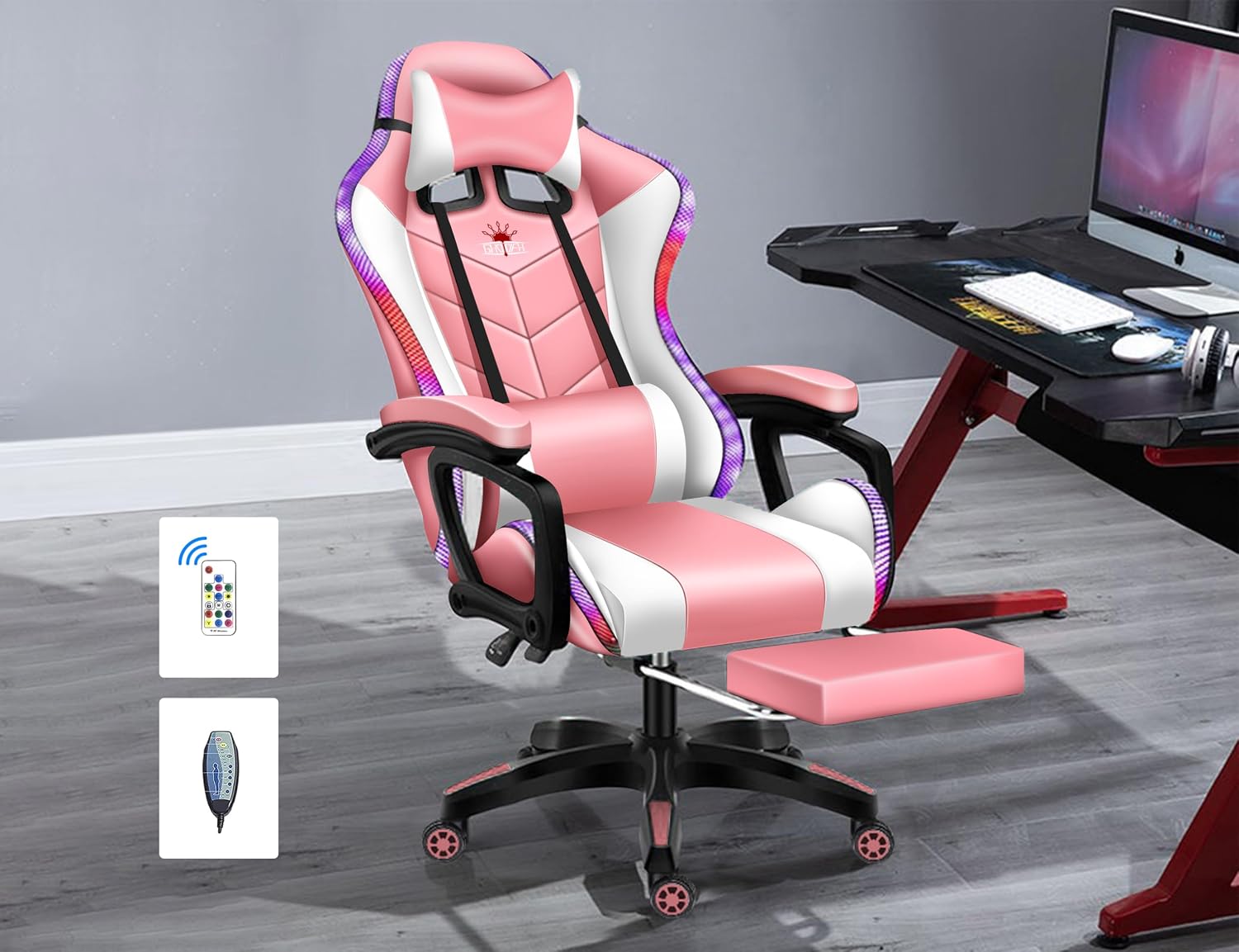 Gaming Chair with LED Lights and Speakers, Ergonomic Pro Video Game Chair with Massage and Footrest, for Adults, Teens, and Kids - Perfect for Gaming, Office, and Working. (Pink+White)