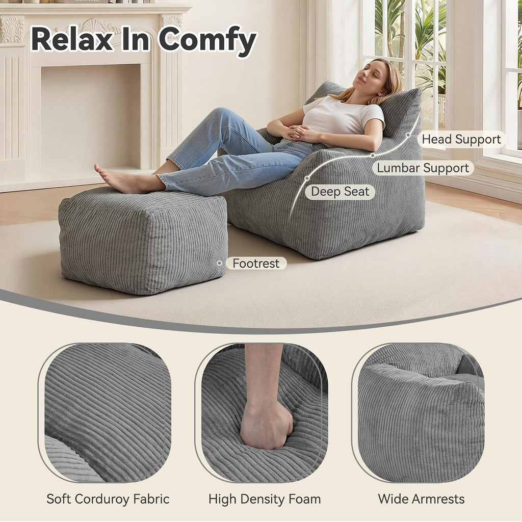 Bean Bag Chair with Ottoman, Oversized Memory Foam Cloud Boneless Couch, Plush Corduroy Beanbag Set for Adults, Teens, Gift for Bedroom, Dorm, Living Room, Reading Nook, Gaming & Lounge (Grey)
