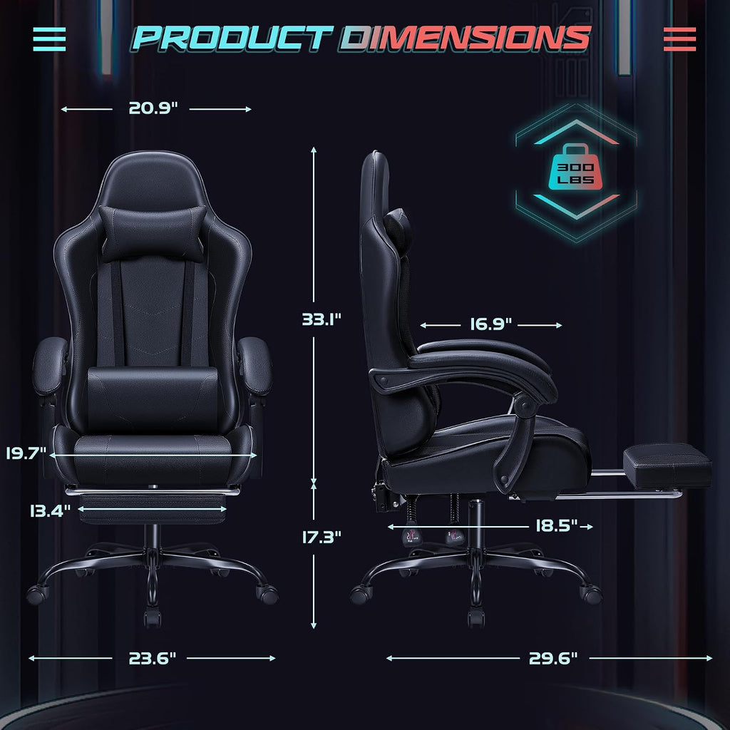 JUMMICO Gaming Chair Ergonomic Computer Chair with Footrest and Massage Lumbar Support, Height Adjustable Video Gaming Chair with 360° Swivel Seat and Headrest (Black)