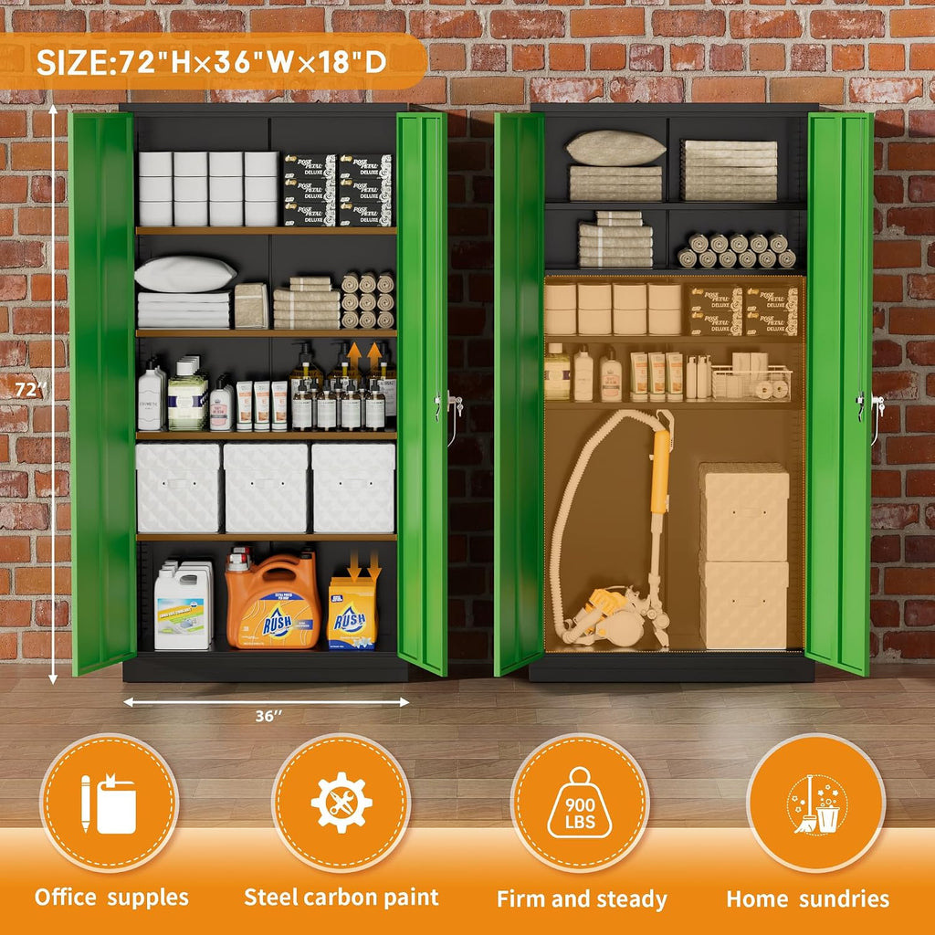 Greenvelly Metal Garage Storage Cabinet with 2 Doors and 4 Adjustable Shelves, 72'H Steel Lockable Storage Cabinet,Tall Metal Cabinet Locking File Cabinet for Office,Home, Garage, Gym, School