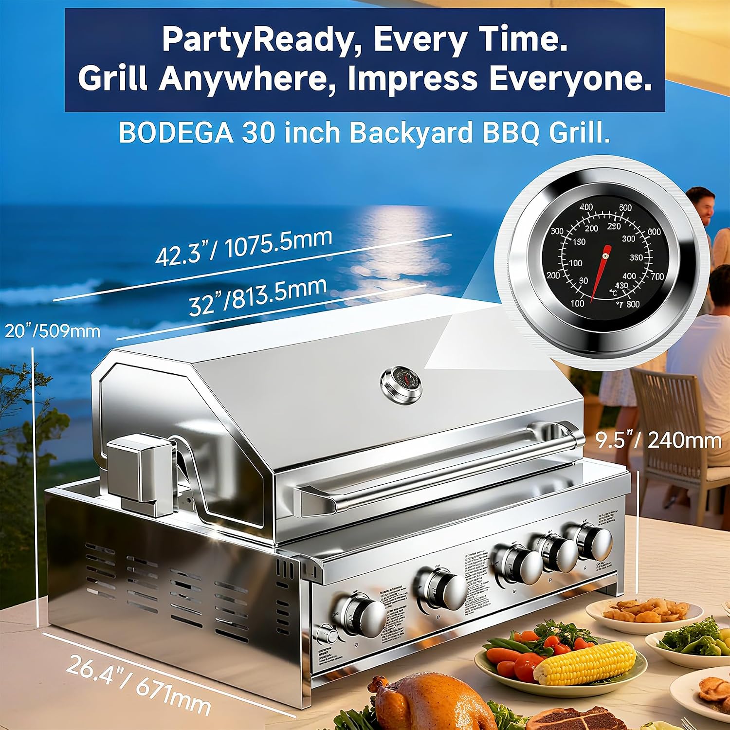 BODEGA 5 Burner Built In Gas Grill Island Head, Stainless Steel 30 Inch Propane Grill with Rear Burner, 58000 BTUs, 988.5 SQ In Racks, Dual Fuel Compatibility, Gas Grill Outdoor Cooking, BBQ Fork Kit.