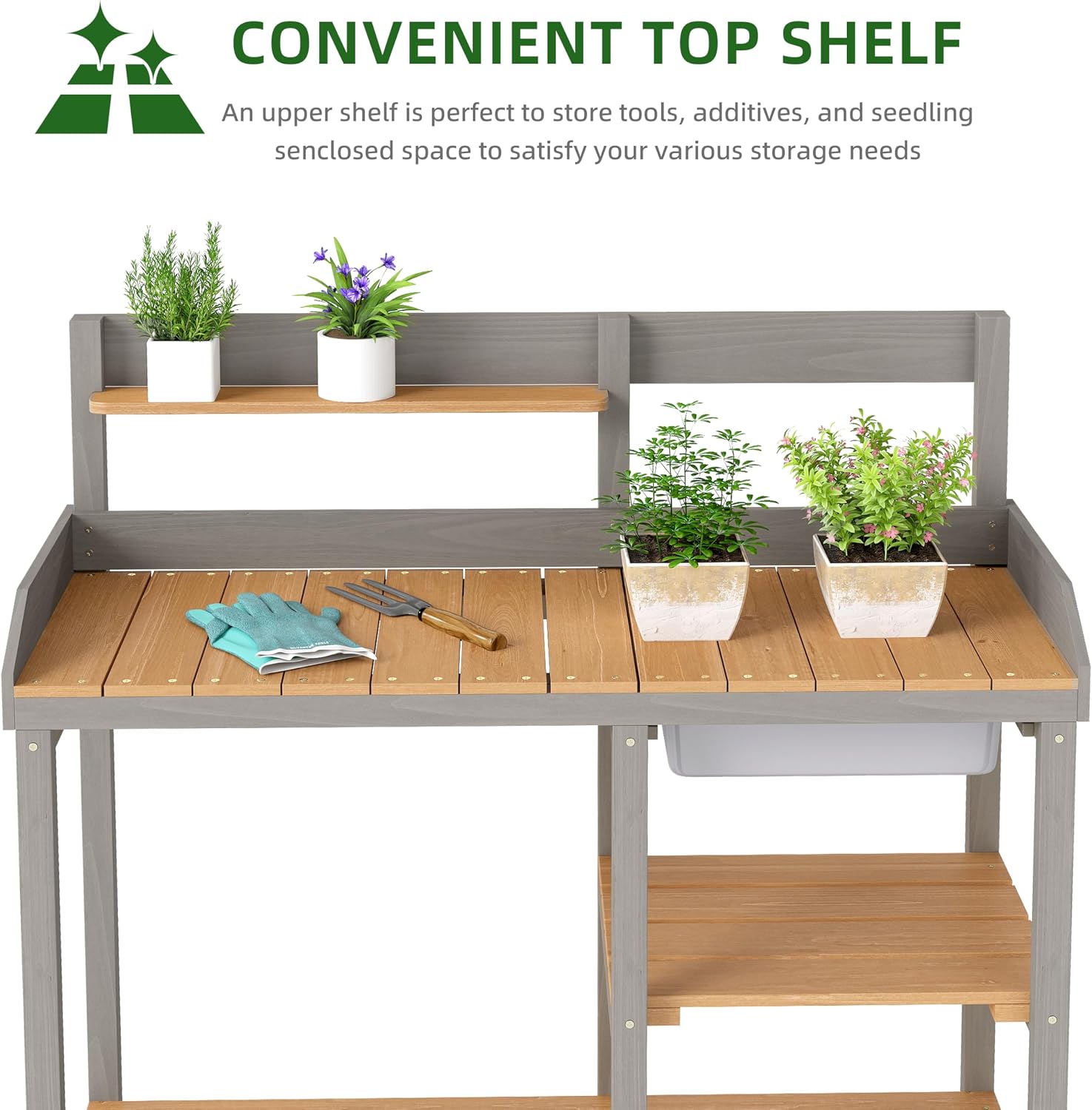 Wooden Potting Bench Table with Sink, Outdoor Garden Table Work Bench with Shelf, Workstation for Outside Patio Lawn
