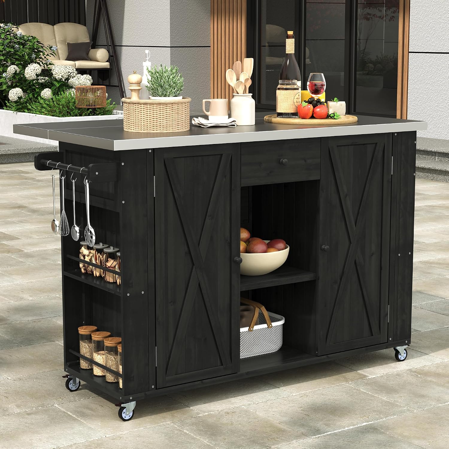 Merax XL Outdoor Table with Stainless Steel Top for Kitchen Prep and Storage Cabinet for Grilling Accessories, Outdoor Kitchen Island Grill Cart with Towel and Spice Racks & a Bottle Opener, Black