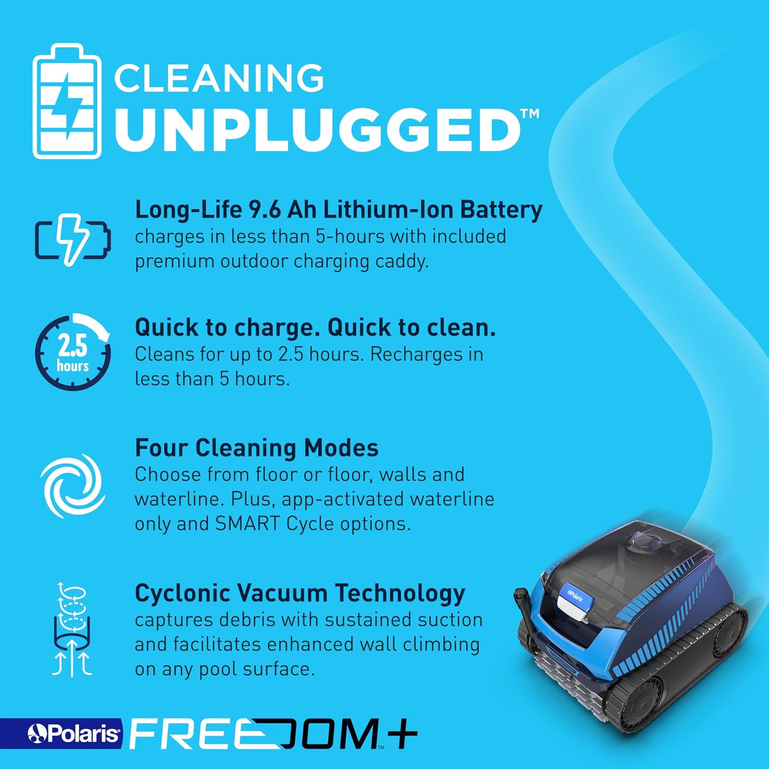 Polaris Freedom Plus Cordless Robotic Pool Cleaner for In-Ground Pools up to 50 ft, Outdoor Charging Caddy Included, Remote Control Included