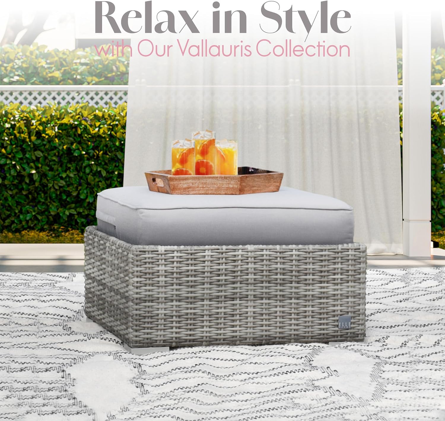 Elle Decor Vallauris Patio Outdoor Furniture Collection, Premium All Weather Wicker, Ottoman, Gray