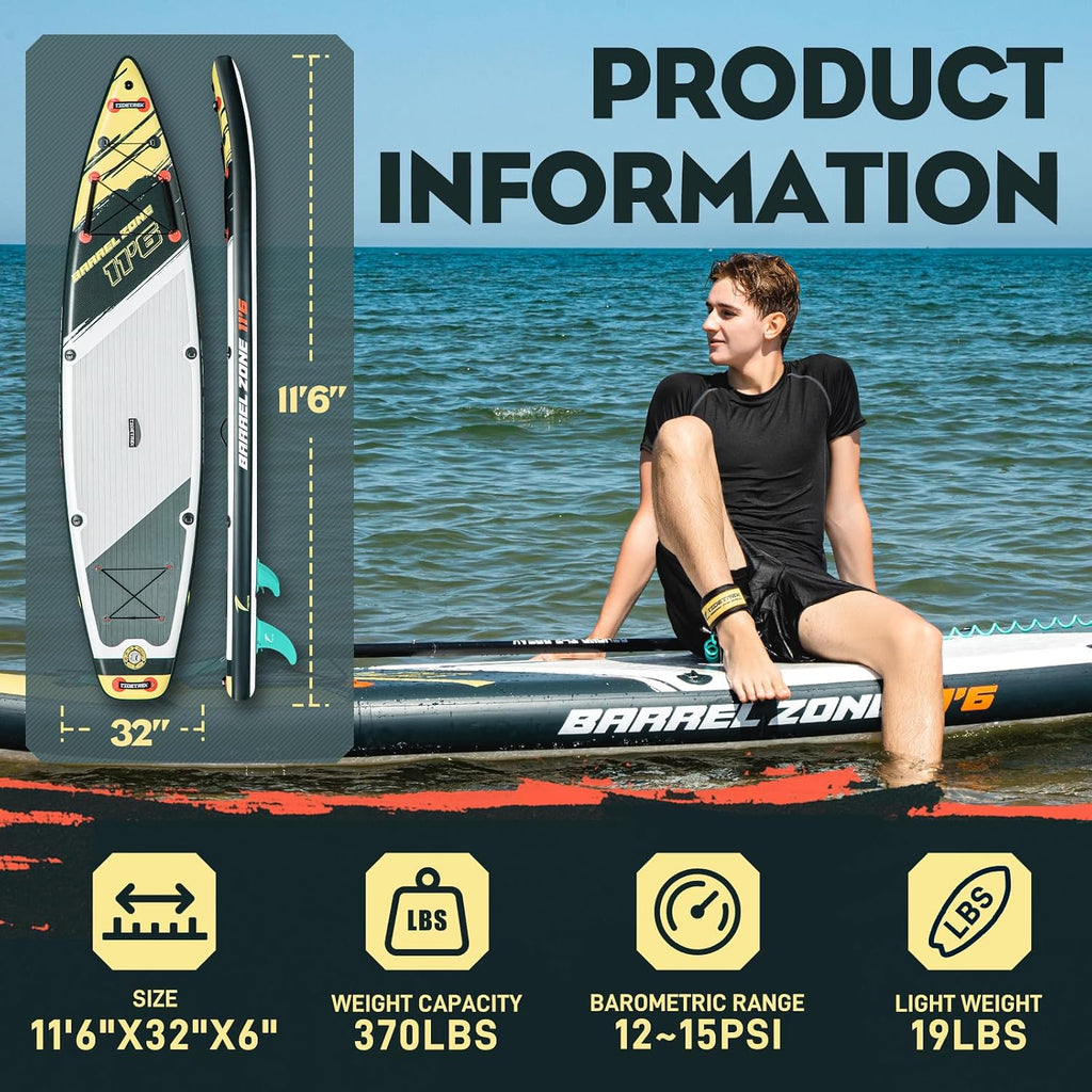 11'6' Inflatable Stand Up Paddle Boards, Premium SUP Accessories, Non-Slip Comfort Deck for Youth & Adults