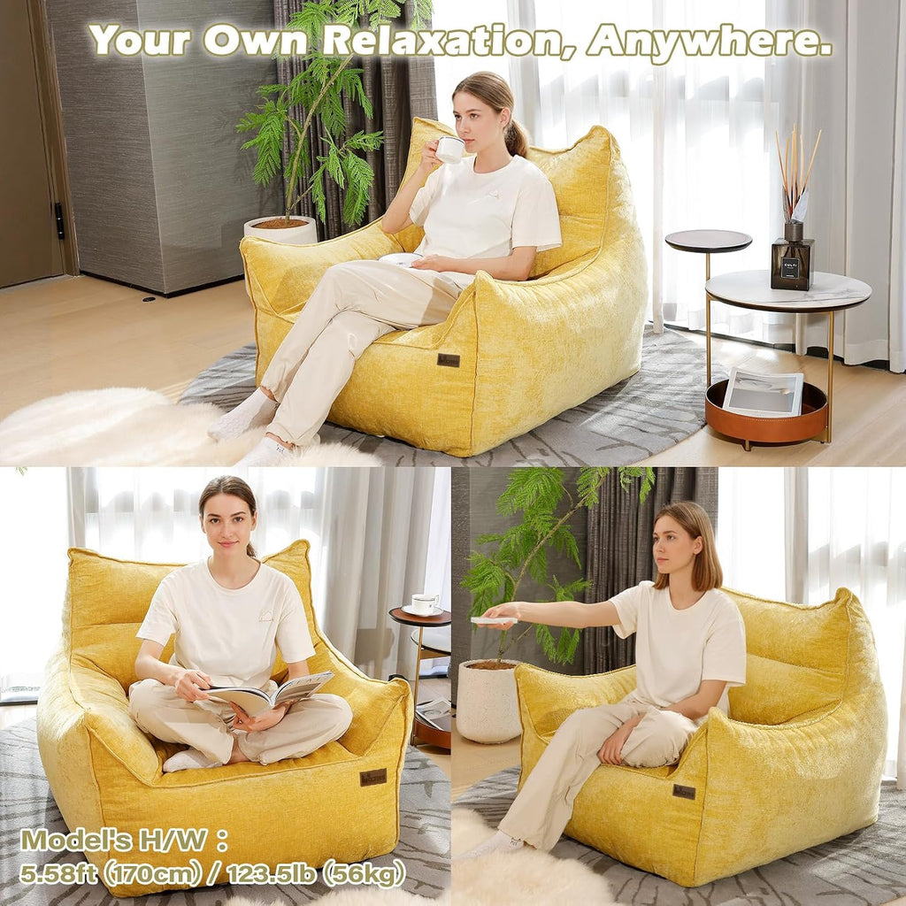 Oversized Fluffy Bean Bag Chair for Adults – Giant Cozy Bean Bag Sofa Chair with Armrests, Handle & Non-Slip Base for Your Reading Nook, Bedroom or Living Room(Yellow-XL)