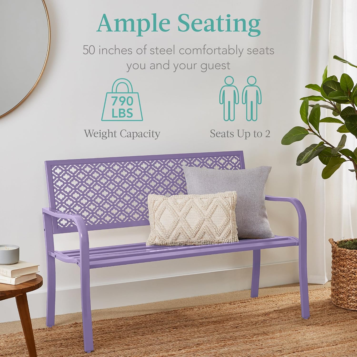 Best Choice Products Outdoor Bench 2-Person Metal Steel Benches Furniture for Garden, Patio, Porch, Entryway w/Geometric Backrest, 790lb Capacity - Lavender