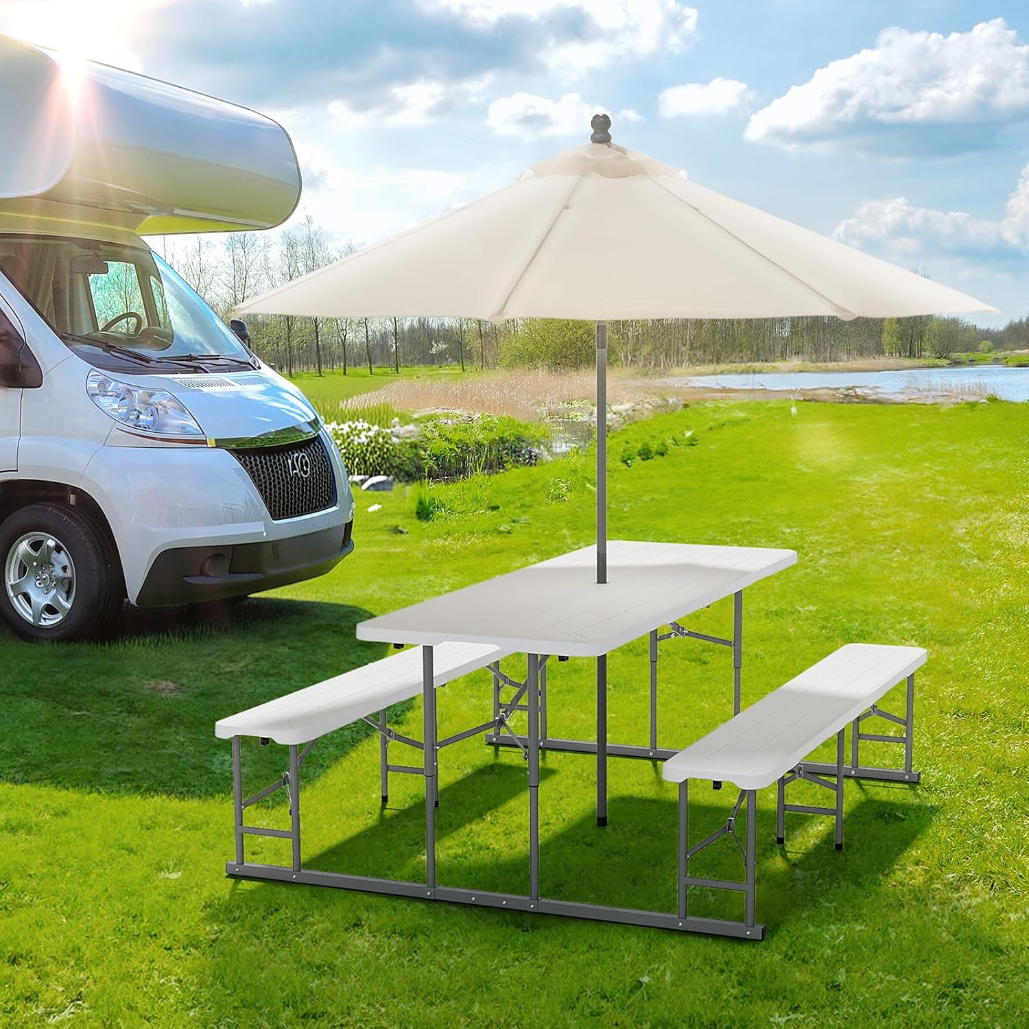 VINGLI Folding Picnic Table and Bench Set, Portable Outdoor Dining Furniture for Camping, Patio, Backyard, Wood Grain Plastic Top with Metal Frame (White)
