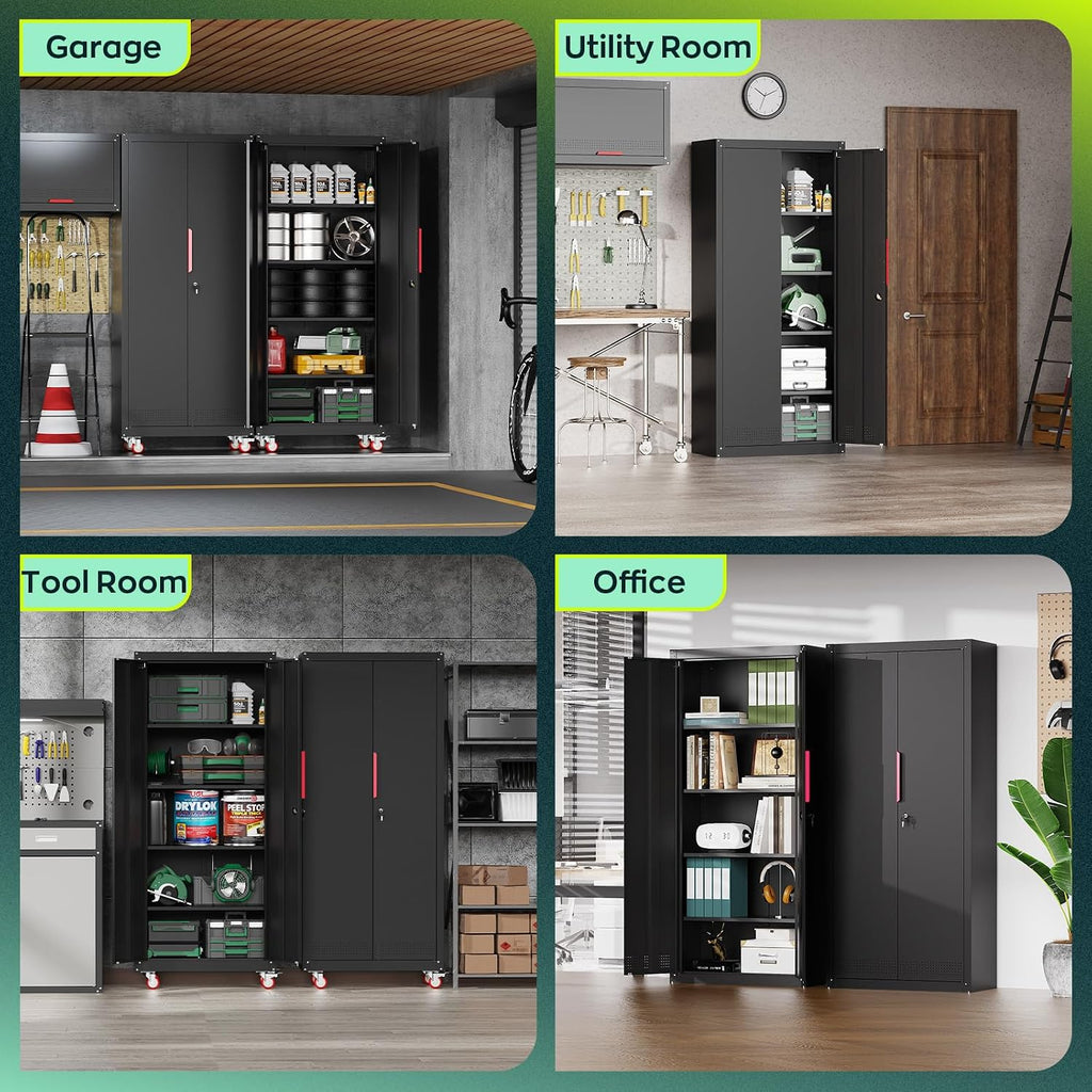 Kelueo 71' H Garage Storage Cabinet with Wheels,Metal Cabinets with 4 Adjustable Shelves and 2 Locking Doors for Garage,Home,Office,Shop,Black